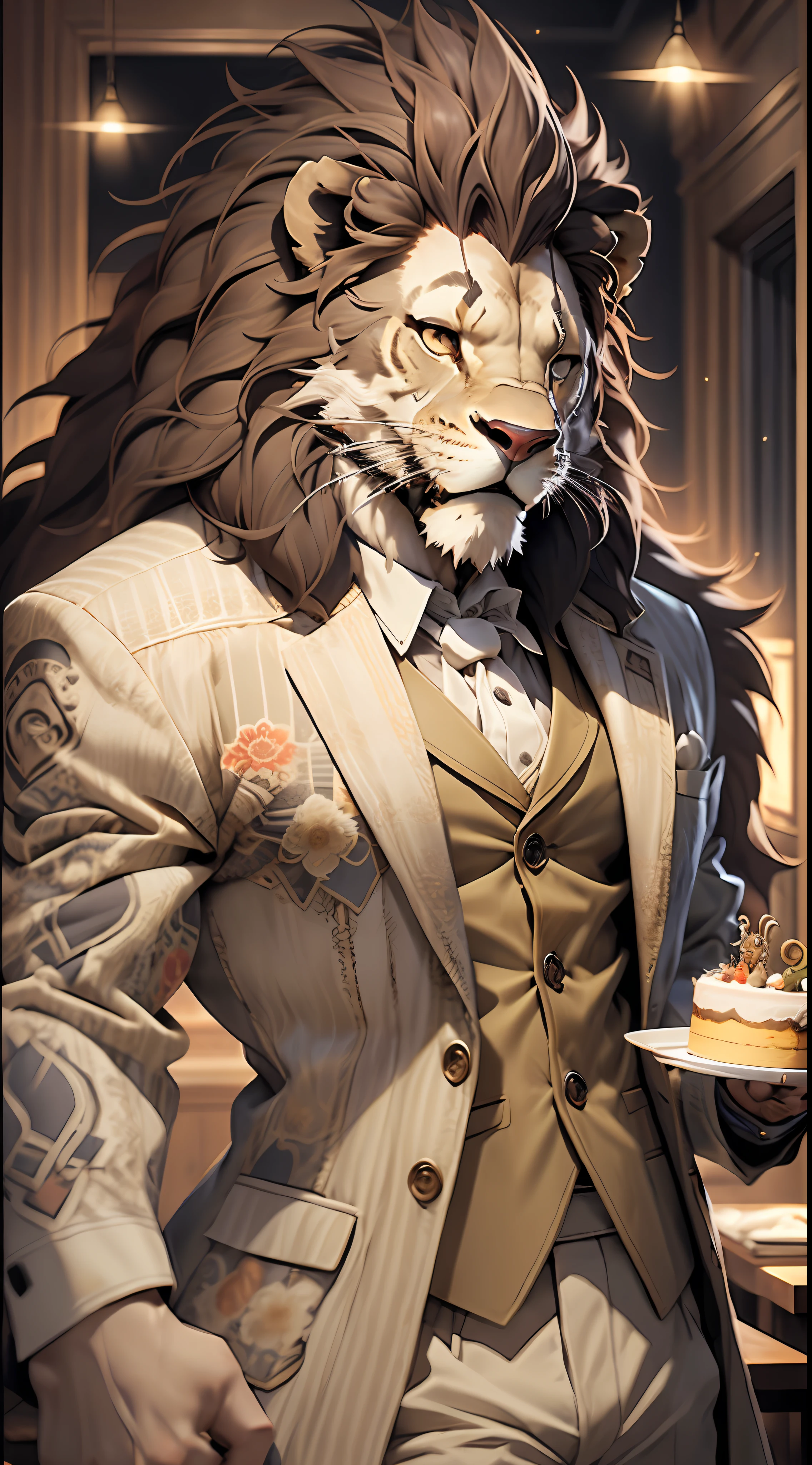A lion-headed man in a suit holds a birthday cake,High quality ultra-fine illustration, Realistic and elegant action, Subtly reflects light、vibrancy、energy、Elegant coat, luxury goods, Be in harmony with the space, Passionate expressiveness(Birth Day Party, Party, The light from the back window is backlighted)(Highly detailed beautiful face and eyes)absurderes, Perfect anatomy((Lion Man, solofocus, Sharp focus)) (hairy pubic, tailcoat) (furry anthro:1.7) ((((hairy bodies, Male lion facial features, Physical characteristics of a male lion)))) ((Image of a lion,Very detailed fur))full bodyesbian,Invincible smile with positive image(sportrait)