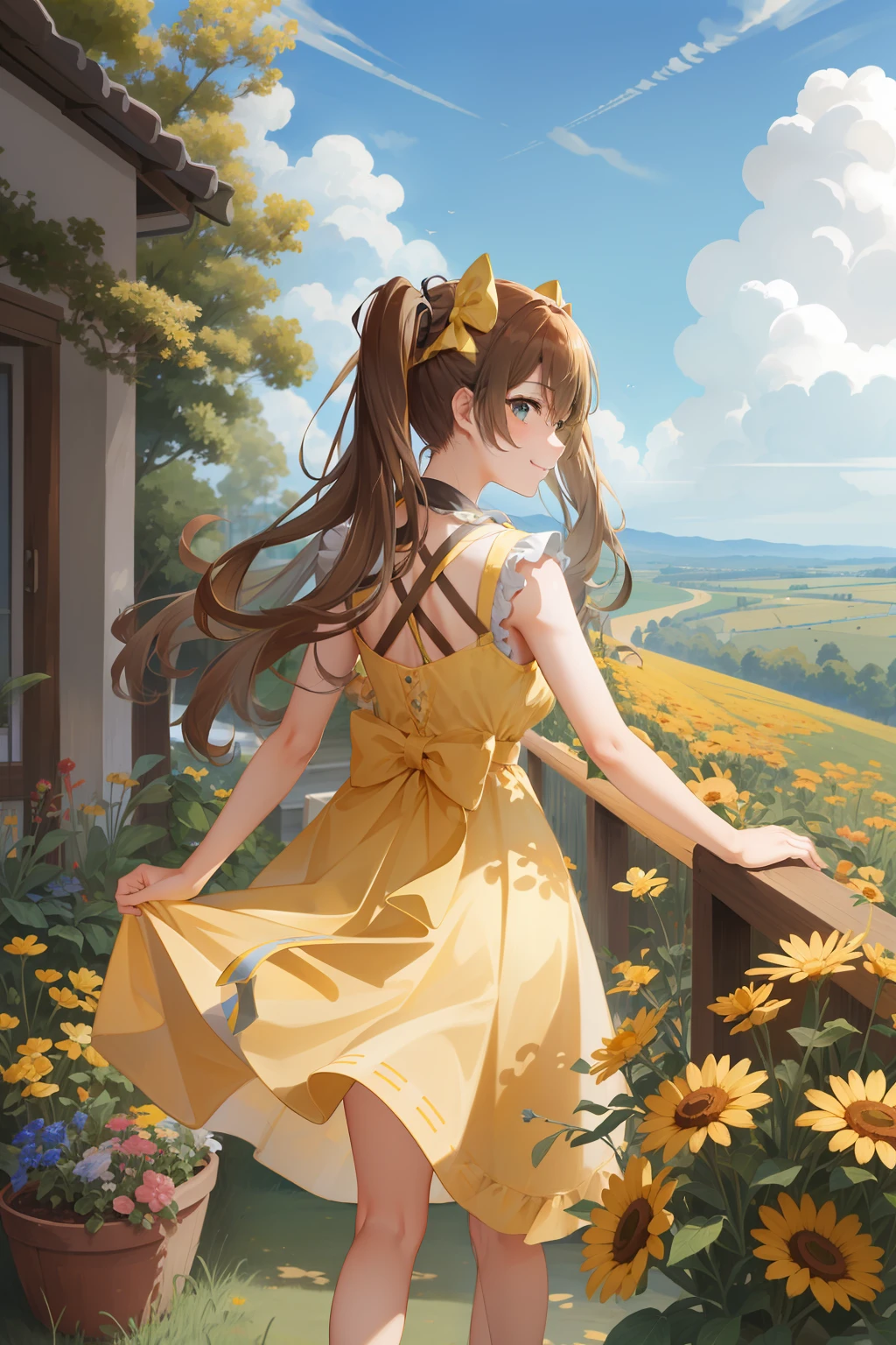 masterpiece, best quality, absurdres, perfect anatomy, 1girl, solo, Miku390, twintails, long hair, from behind, sundress, yellow sundress, garden, day, sunshine, smile, looking back