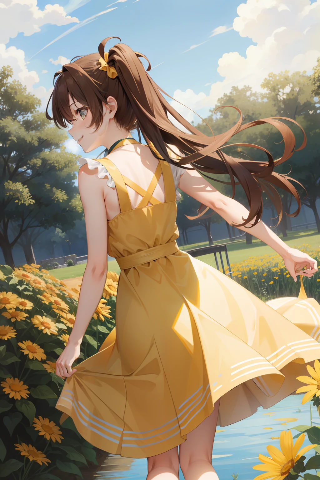 masterpiece, best quality, absurdres, perfect anatomy, 1girl, solo, Miku390, twintails, long hair, from behind, sundress, yellow sundress, garden, day, sunshine, smile, looking back