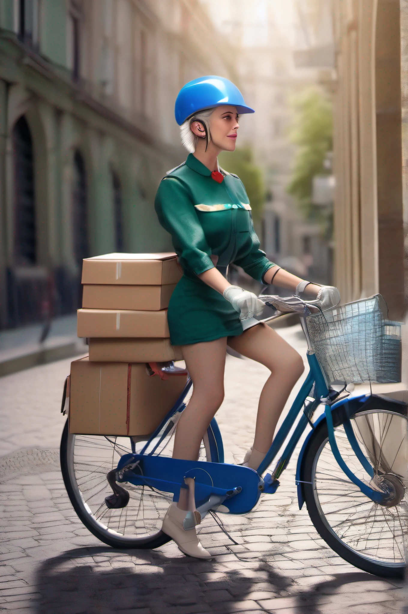 Beautiful female postman deliver mail on a bicycle, green short hair, blue eyes,Conceptual art, best photo shot, glowing light, realistic, UHD, textured skin, masterpiece, anatomically correct, best quality, 8k, full body,