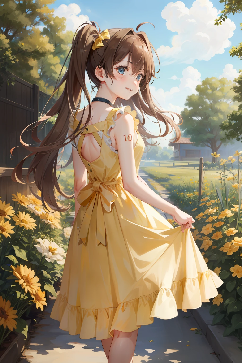 masterpiece, best quality, absurdres, perfect anatomy, 1girl, solo, Miku390, twintails, long hair, from behind, sundress, yellow sundress, garden, day, sunshine, smile, looking back