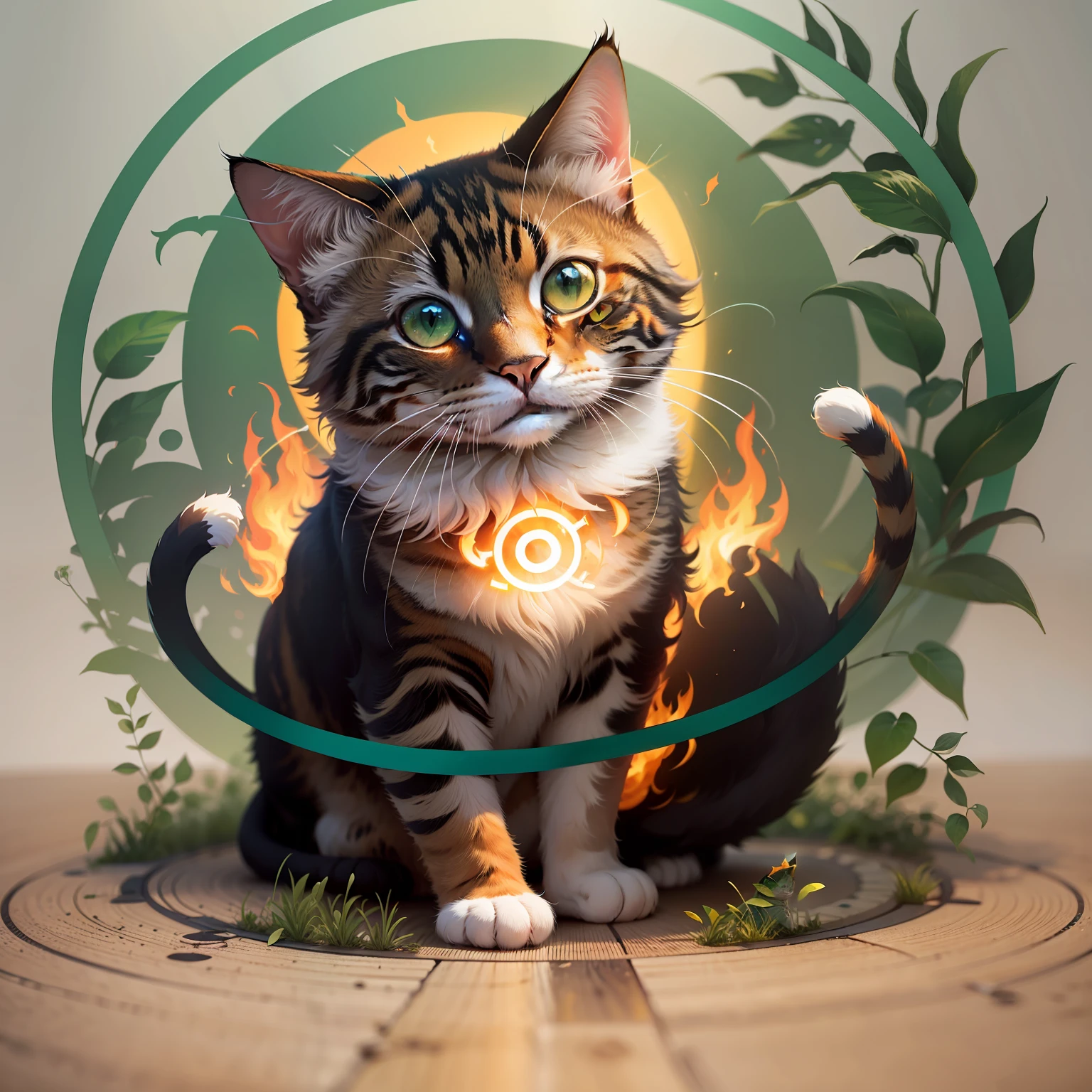 Create a circle logo that lines around the circle are green and orange flames and a cute cat in the middle of the circle