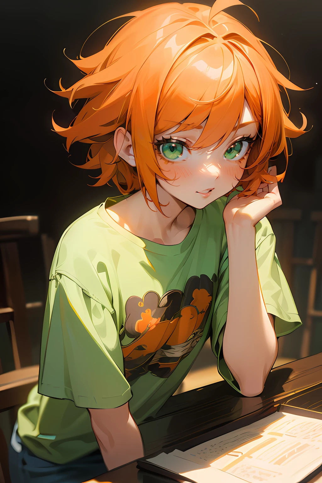(masterpiece, best quality), intricate details, 8k, sharp focus, (bokeh) (best quality) (detailed skin:1.3) (intricate details) (8k) (detailed eyes) (anime) (perfect face) orange hair, green eyes, happy, messy hair, short hair, energetic, fun, modern, girl, slim, loose clothing, casual, messy, cute, T-shirt, long pants