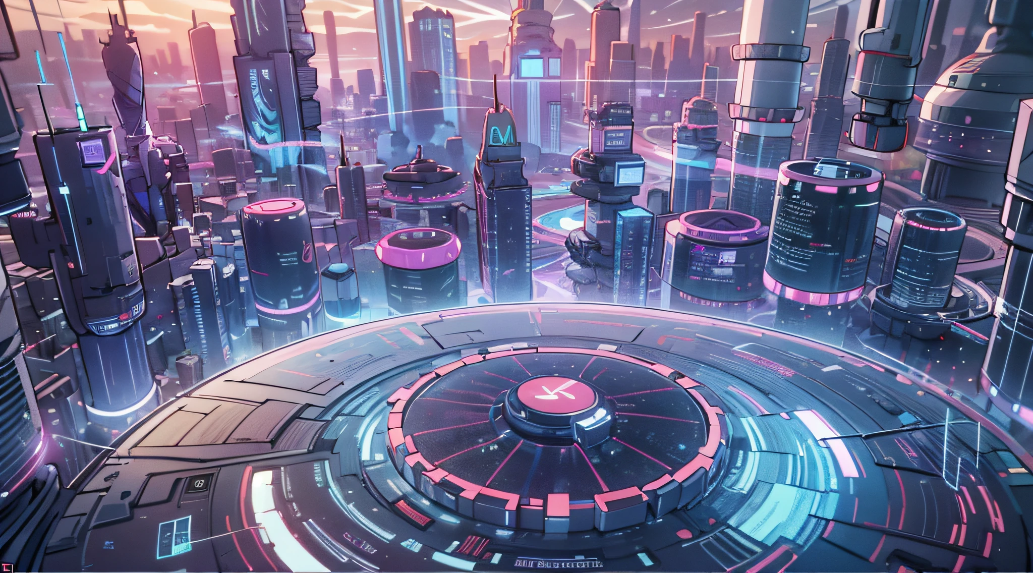 Close-up of futuristic city with futuristic clock, large cyberarrays data holograms, metaverse concept art, data holograms, computers and holograms, the encrypted metaverse, endless collaboration with ai, highly detailed vfx scene, depicted as a scifi scene, deeper into the metaverse we go, detailed photo of virtual world