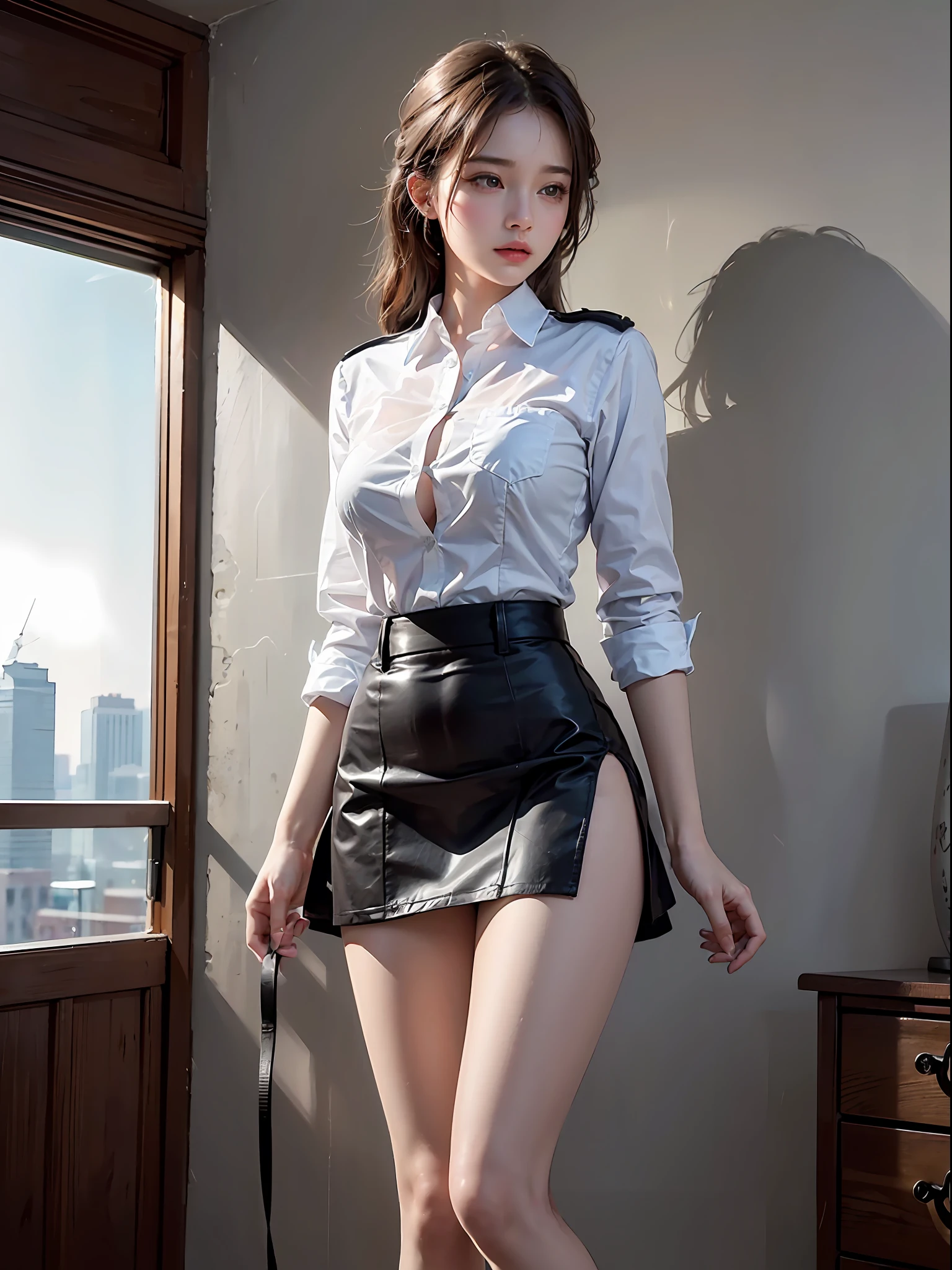 Masterpiece,Best quality,offcial art,Ultra-detailed CG unified 8K wallpaper, (hdr:1.4), (Cinematic), (Pastel colors, dim colors, soothing tones:1.3), Professional lighting, Radio City,((1girll)),Indoors, Cityscape, Sunlight, Best quality, Lots of details, Masterpiece, Ultra-detailed, illustration, Realistic, An extremely delicate and beautiful girl, Beautiful detailed eyes,8K wallpaper,Beautiful detailed girl, looking at viewert, Messy hair, Large breasts, look from down,Long legs, ((Translucent uniform unbuttoned)), (( Focus genitals)), ((High-waisted miniskirt)), ((lower chest)), opening legs, Show feet,Beautiful feet,Simulate footjob,