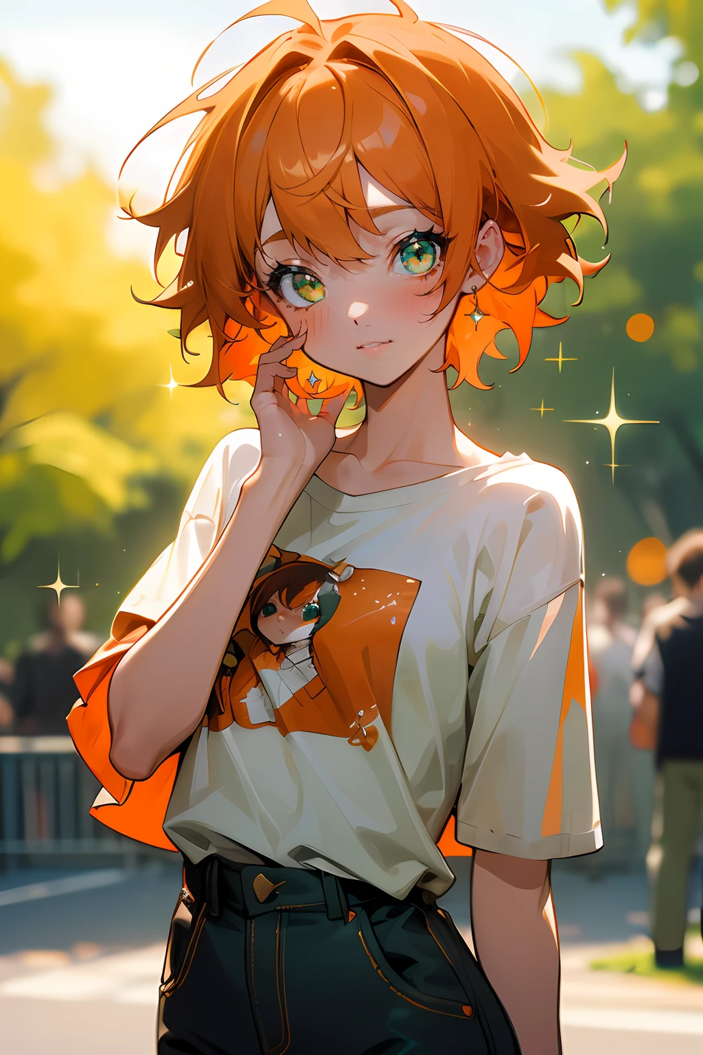 (masterpiece, best quality), intricate details, 8k, sharp focus, (bokeh) (best quality) (detailed skin:1.3) (intricate details) (8k) (detailed eyes) (anime) (perfect face) orange hair, green eyes, happy, messy hair, short hair, energetic, fun, modern, girl, flat chest, loose clothing, casual, messy, cute, T-shirt, long pants, bright, sparkles, outdoors