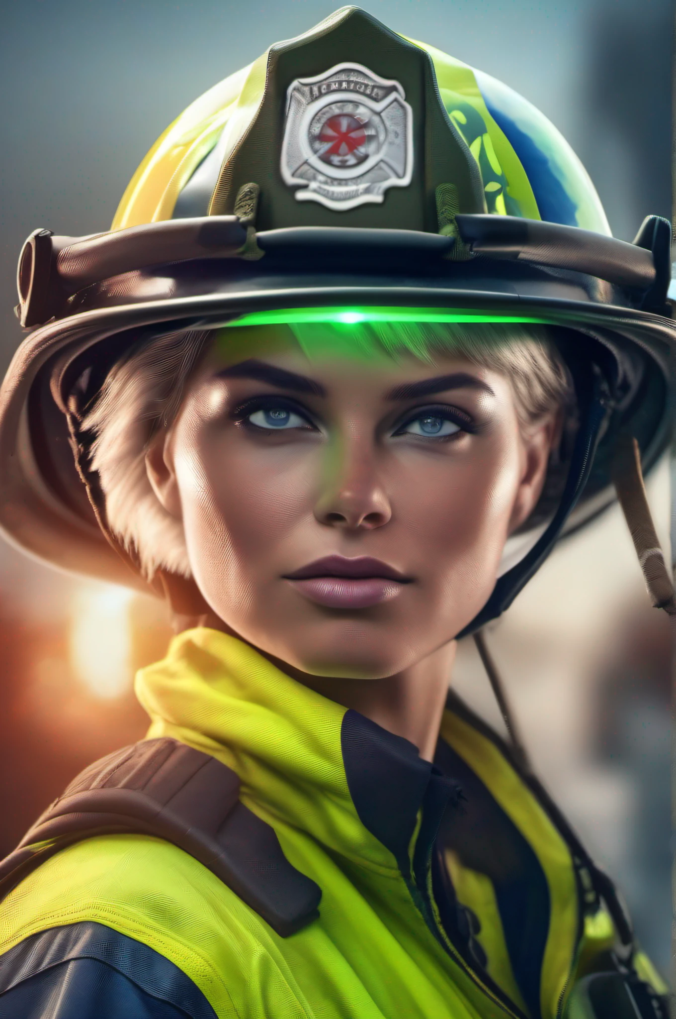 Beautiful female Firefighter , green short hair, blue eyes,Conceptual art, best photo shot, glowing light, realistic, UHD, textured skin, masterpiece, anatomically correct, best quality, 8k, full body,