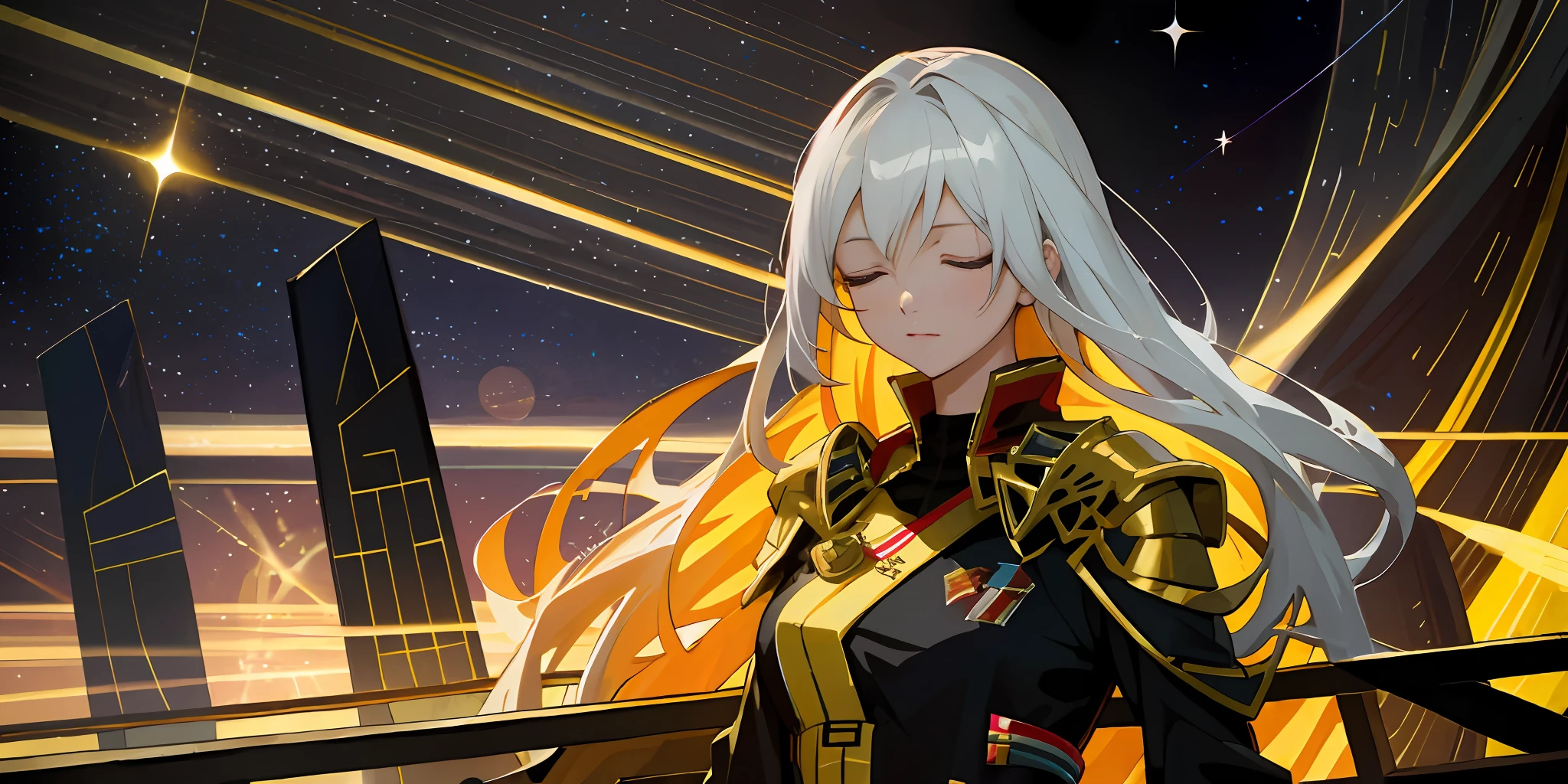 Close your eyes and think,Cute royal sister,petty eyes,Slightly curved transversely,The sides are slightly inclined,Slight close-up of the face, anime woman fullbody art, Wearing Gorgeous Costume, Anime figure; Full-body art,White hair