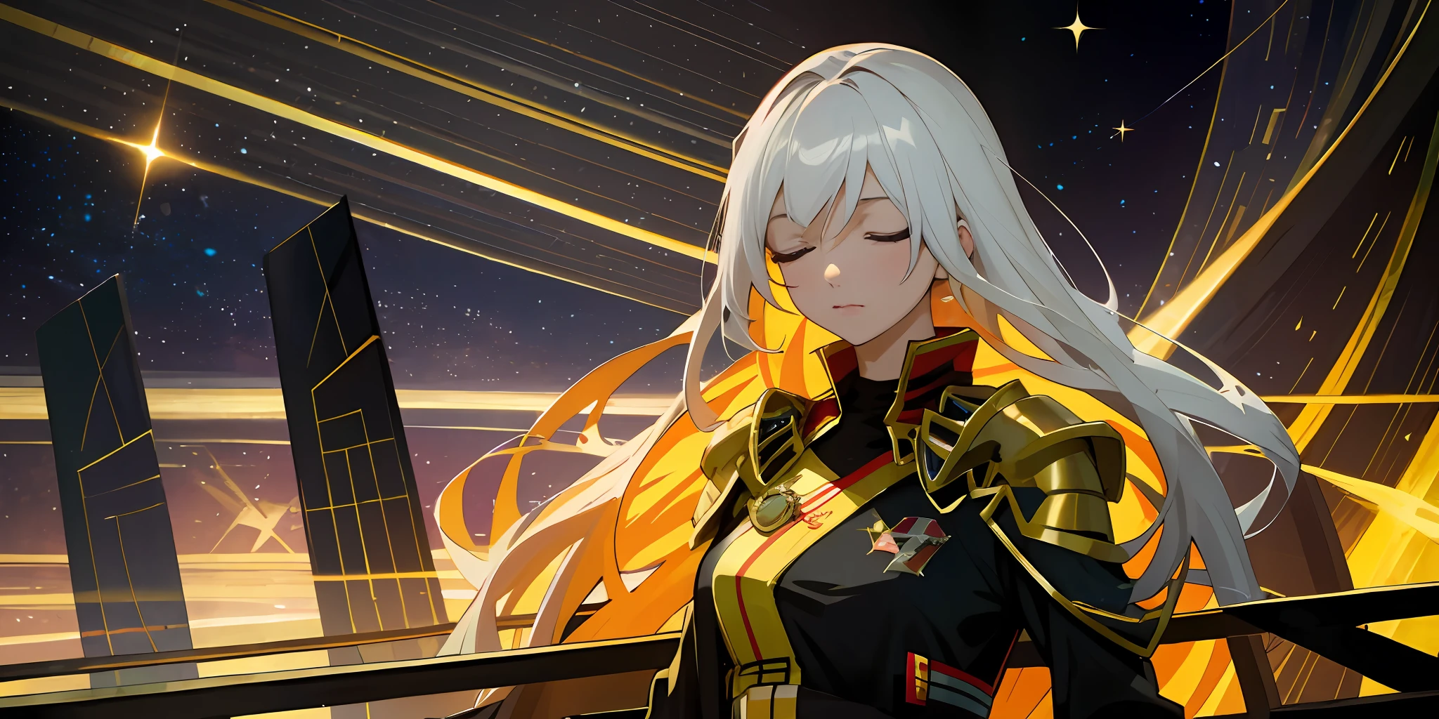 Close your eyes and think,Cute royal sister,petty eyes,Slightly curved transversely,The sides are slightly inclined,Slight close-up of the face, anime woman fullbody art, Wearing Gorgeous Costume, Anime figure; Full-body art,White hair
