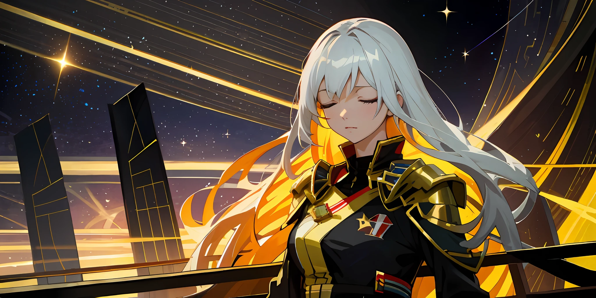 Close your eyes and think,Cute royal sister,petty eyes,Slightly curved transversely,The sides are slightly inclined,Slight close-up of the face, anime woman fullbody art, Wearing Gorgeous Costume, Anime figure; Full-body art,White hair