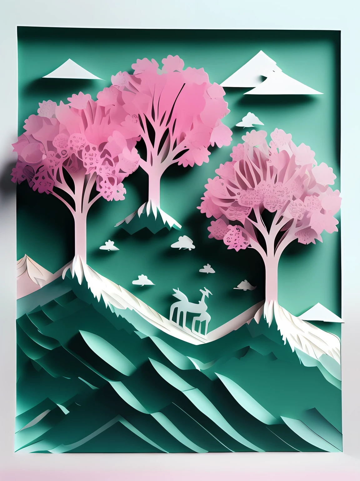 Chinese landscape illustration,Three-dimensional paper cutting,Paper carving,minimalistic composition,Pink cherry blossom tree,Green pine trees,4K,3D立体渲染