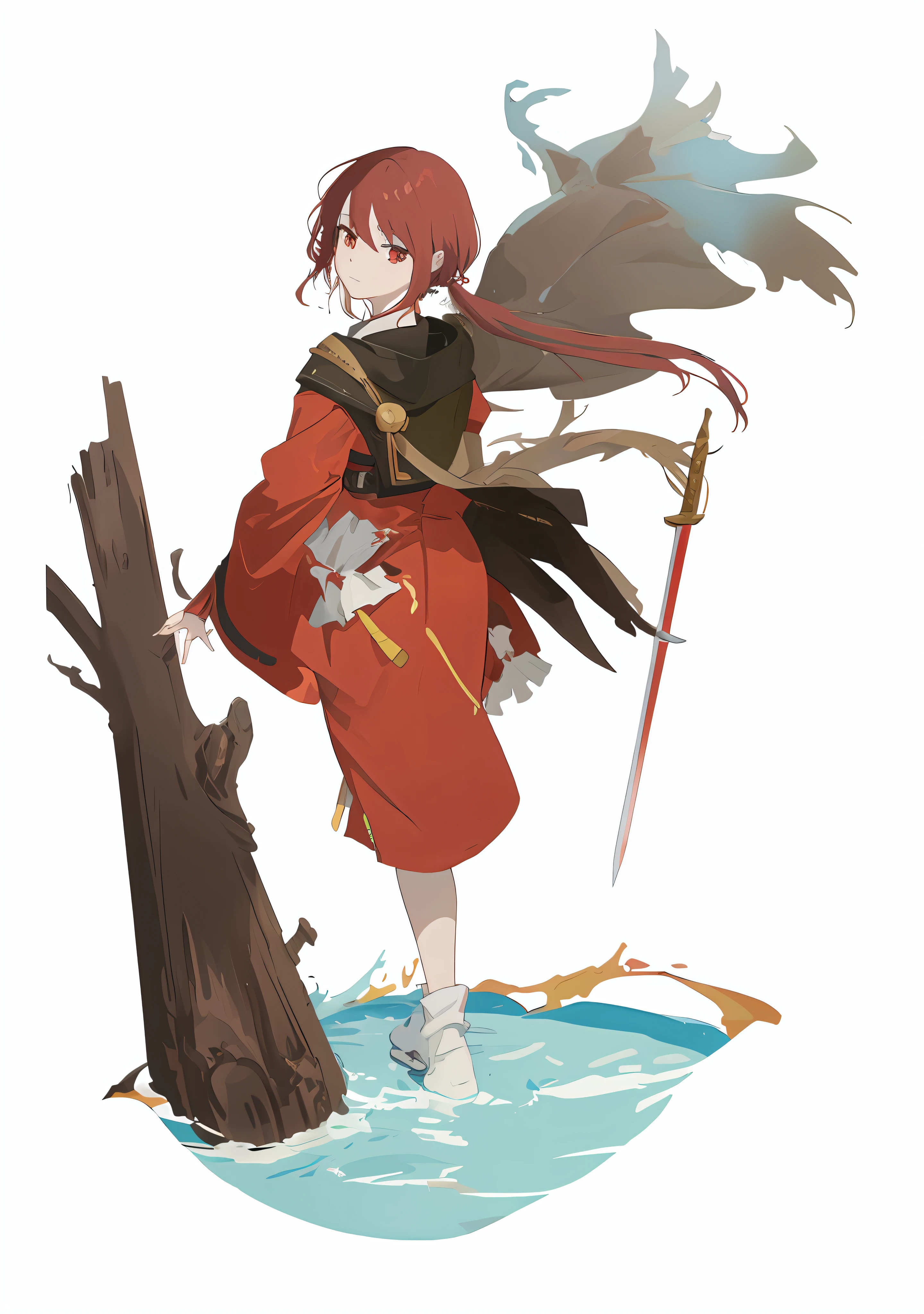 Anime characters with sword and red clothes in the water, Anime girl walking in mountains and water
