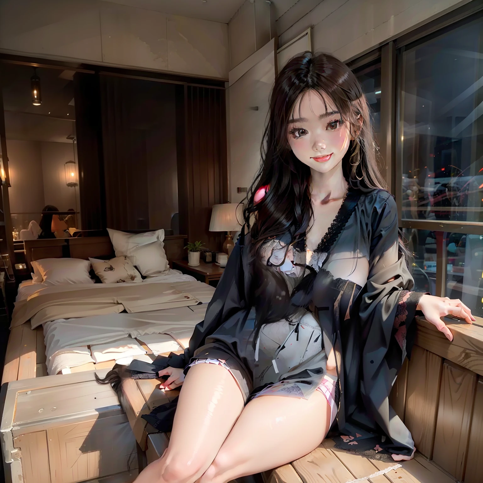 the girl with black hair,Sit on the windowsill with your legs open,It can be seen wearing lace panties,Wearing a black silk dressing gown,Half of the chest is exposed,Look at the camera and smile