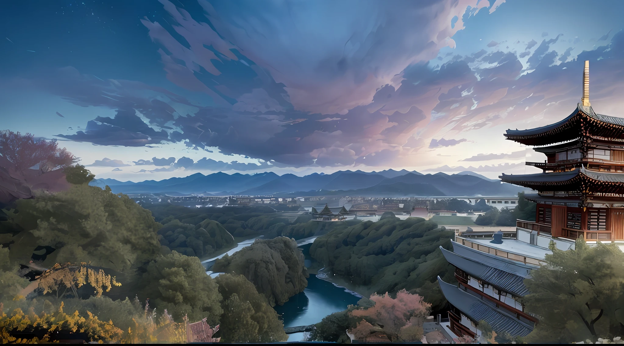 Masterpiece, best quality, high quality, extremely detailed CG unity 8k wallpaper, outdoor, sky, clouds, night, no humans, mountain, chinese style palace sits on the hillside, moonlight, cinemagraph, landscape, water, trees, dark sky, waterfall, cliff, nature, lake, river, cloudy sky, award winning photography, bokeh, depth of field, hdr, bloom, chromatic aberration, photorealistic, highly detailed, trending on artstation, trending on CGsociety, intricate, high detail, dramatic, halfway art