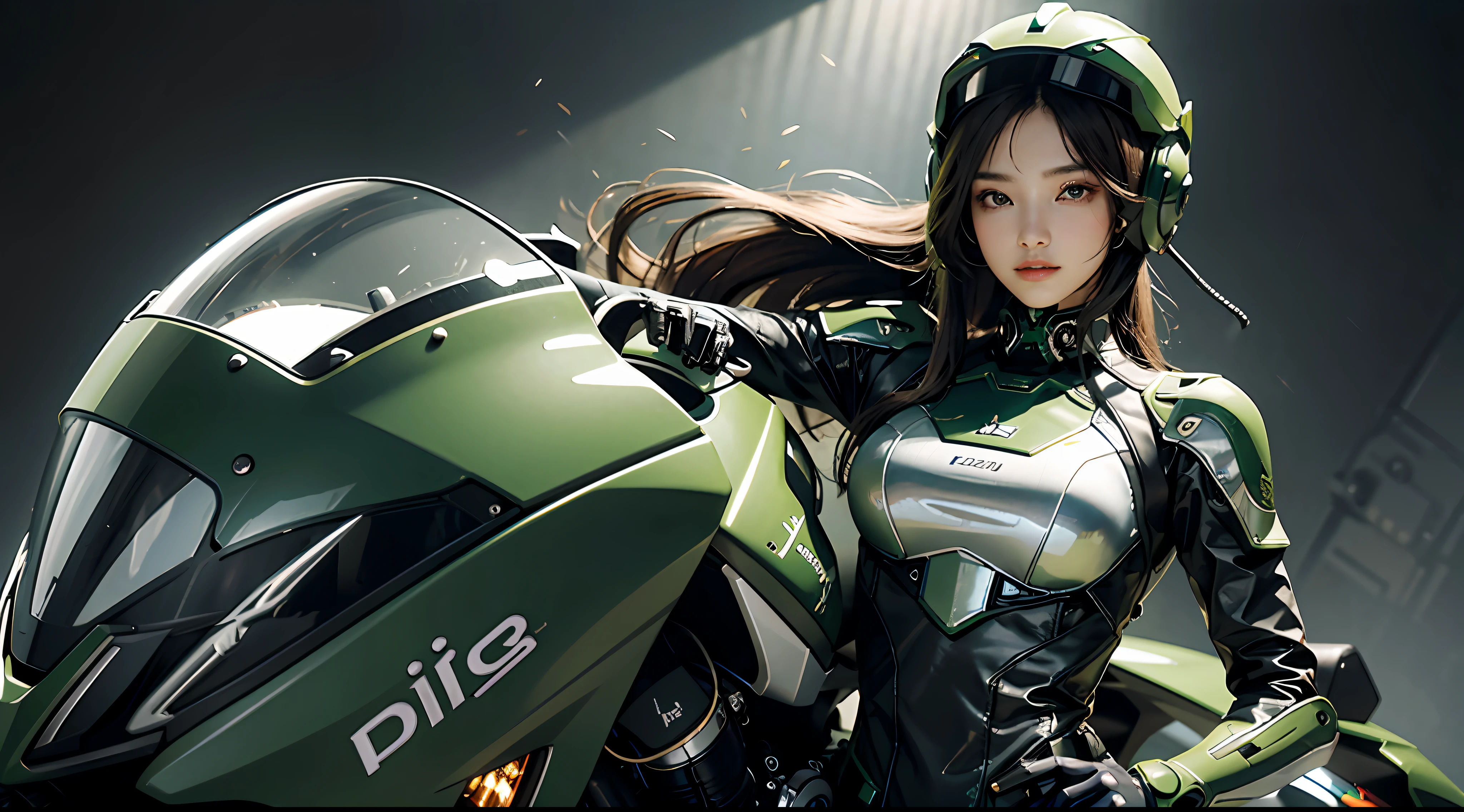Highest image quality, outstanding details, ultra-high resolution, (realism: 1.4), the best illustration, favor details, highly condensed 1girl, with a delicate and beautiful face, dressed in a black and green mecha, wearing a mecha helmet, holding a directional controller, riding on a motorcycle, the background is a high-tech lighting scene of the future city.