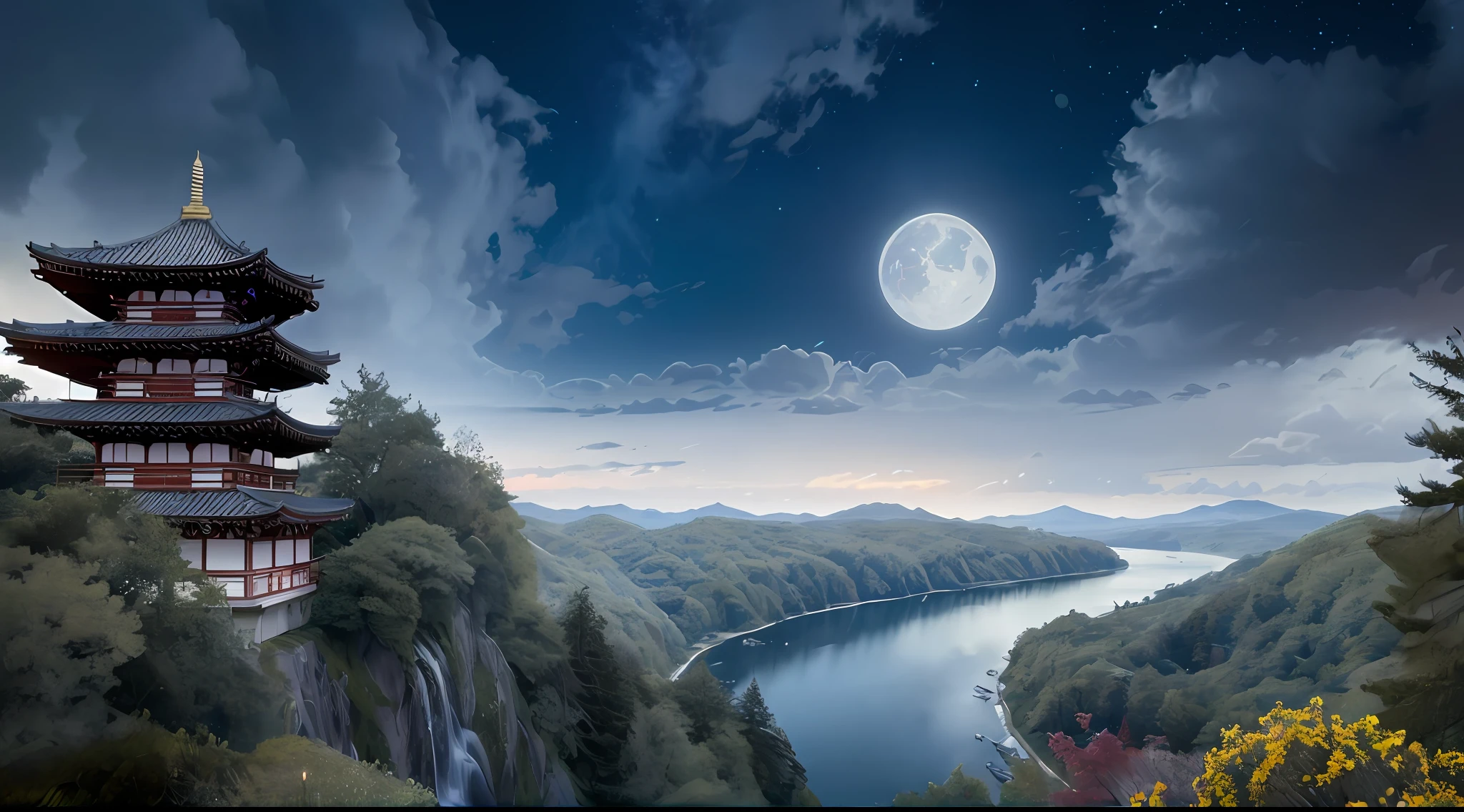 Masterpiece, best quality, high quality, extremely detailed CG unity 8k wallpaper, outdoor, sky, clouds, night, no humans, mountain, chinese style palace sits on the hillside, moonlight, cinemagraph, landscape, water, trees, dark sky, waterfall, cliff, nature, lake, river, cloudy sky, award winning photography, bokeh, depth of field, hdr, bloom, chromatic aberration, photorealistic, highly detailed, trending on artstation, trending on CGsociety, intricate, high detail, dramatic, halfway art