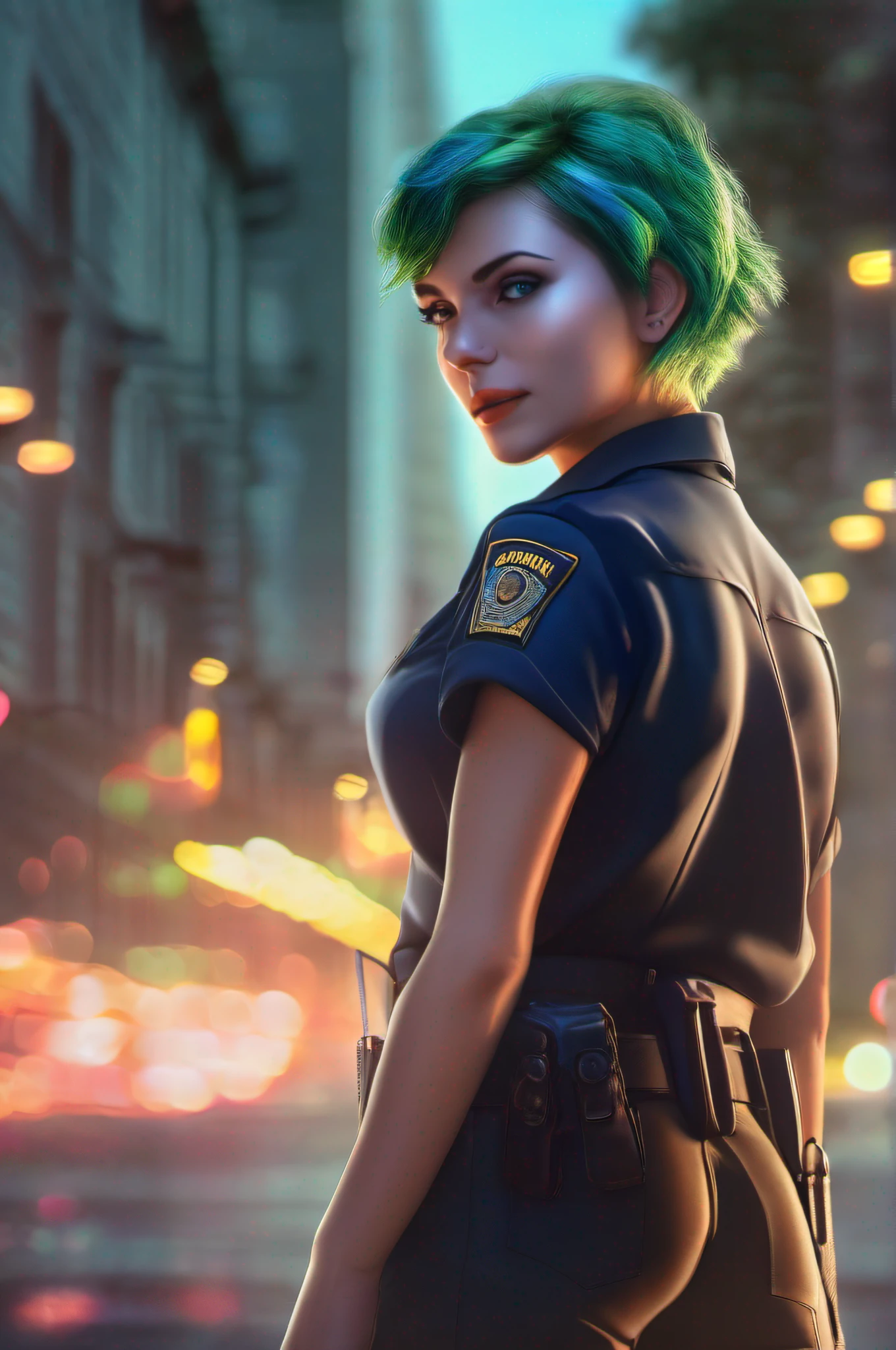 Beautiful female policeman , green short hair, blue eyes,Conceptual art, best photo shot, glowing light, realistic, UHD, textured skin, masterpiece, anatomically correct, best quality, 8k, full body,