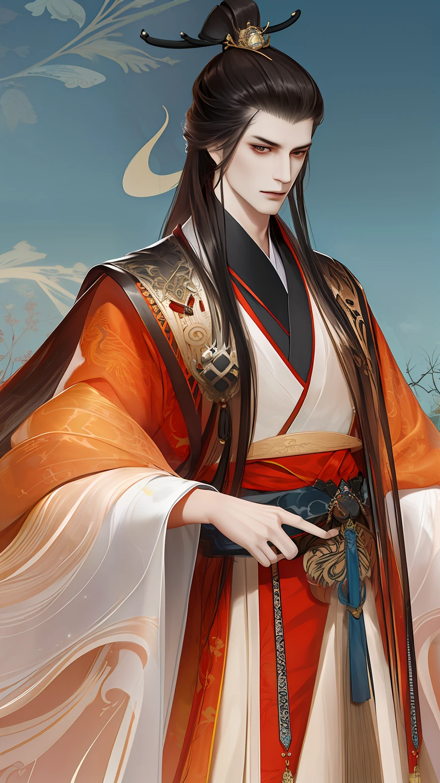 best qualtiy，tmasterpiece，highly detailed wallpaper，1 domineering man，Character standing drawing，malefocus，brunette color hair，long whitr hair，Kingly temperament，详细的脸，gorgeous hair accessory，looking at viewert，Hanfu，超高分辨率，sketching，ink wash style