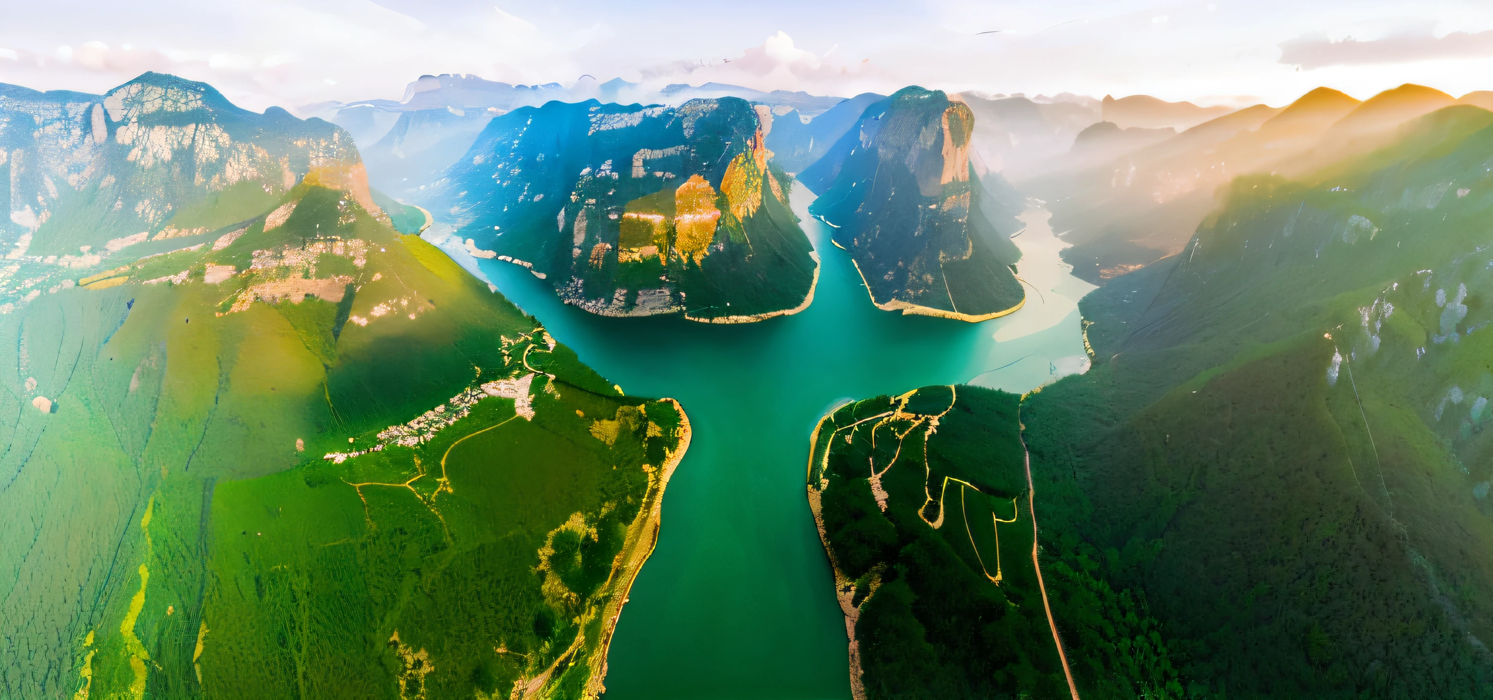 The river runs through the Alafid landscape of the valley,The background is mountains, “ aerial view of a mountain, Mountains and rivers, Incredibly beautiful, aerial view of an ancient land, Winding rivers, wide river and lake, wide angle river, Beautiful environment, very very beautiful, mid air, ( Visually stunning, 4k drone photography, shutter inventory, Breathtaking landscapes