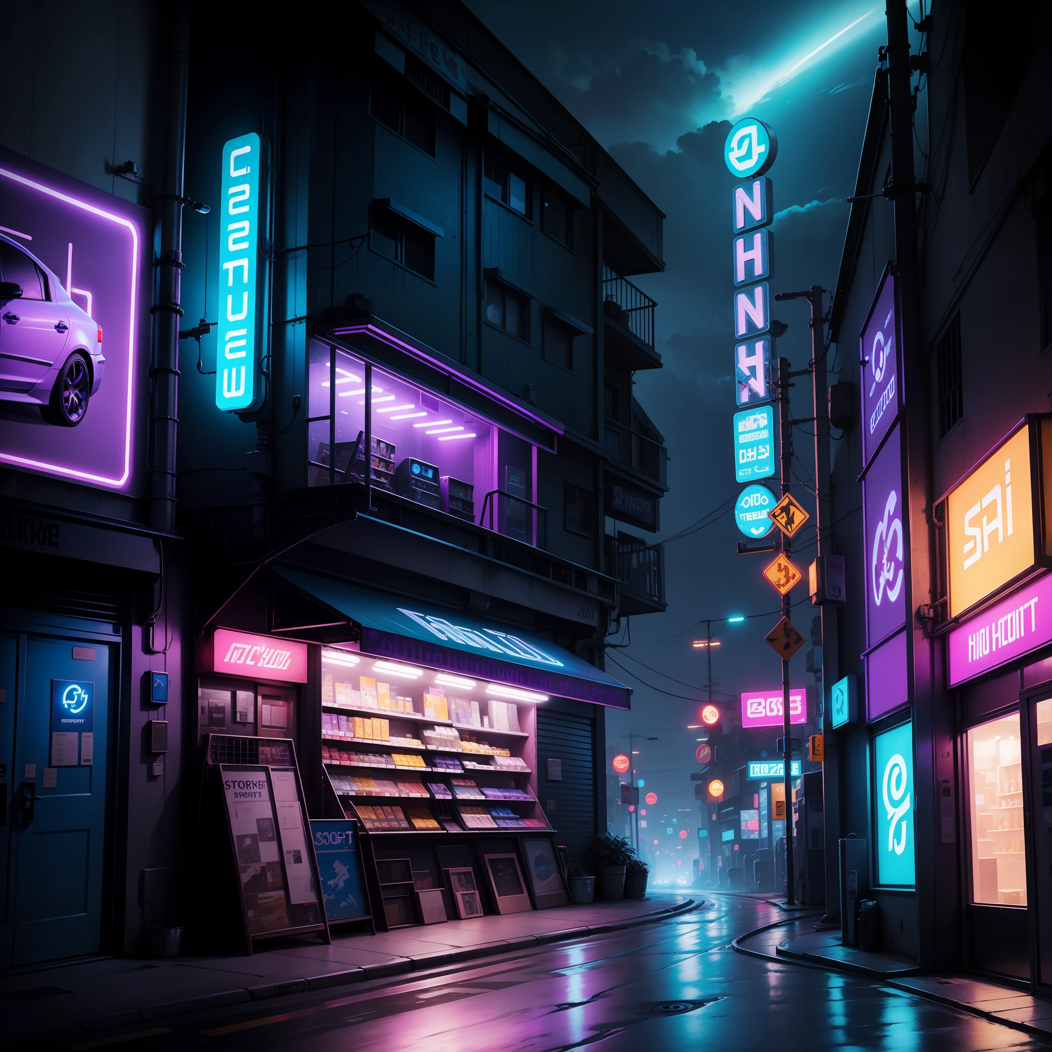 cyberpunk car,blue colors,purpleish color,streetview,the night,Store signboard,sci-fy,neonlight,painting of a