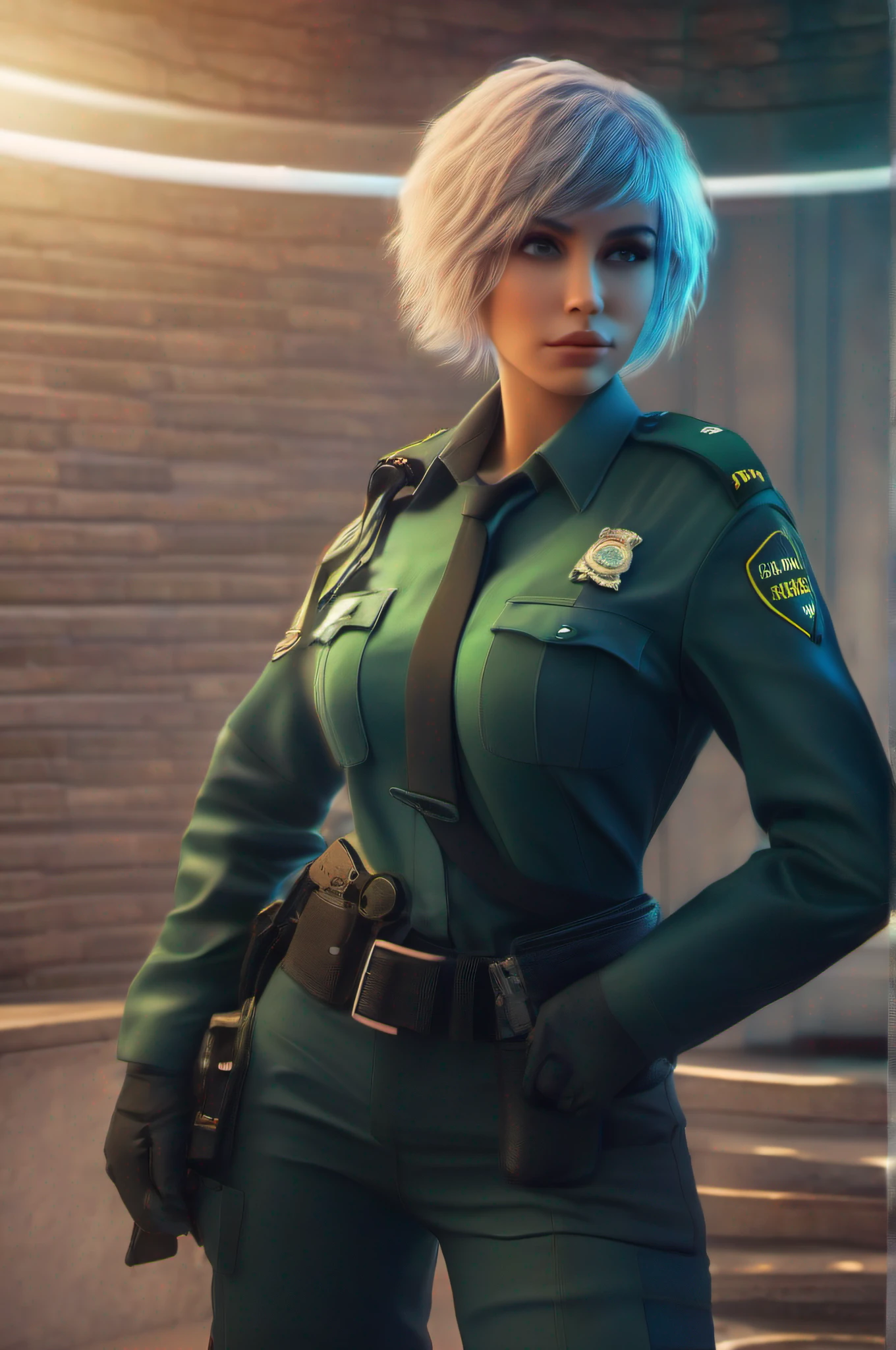 Beautiful female policeman , green short hair, blue eyes,Conceptual art, best photo shot, glowing light, realistic, UHD, textured skin, masterpiece, anatomically correct, best quality, 8k, full body,