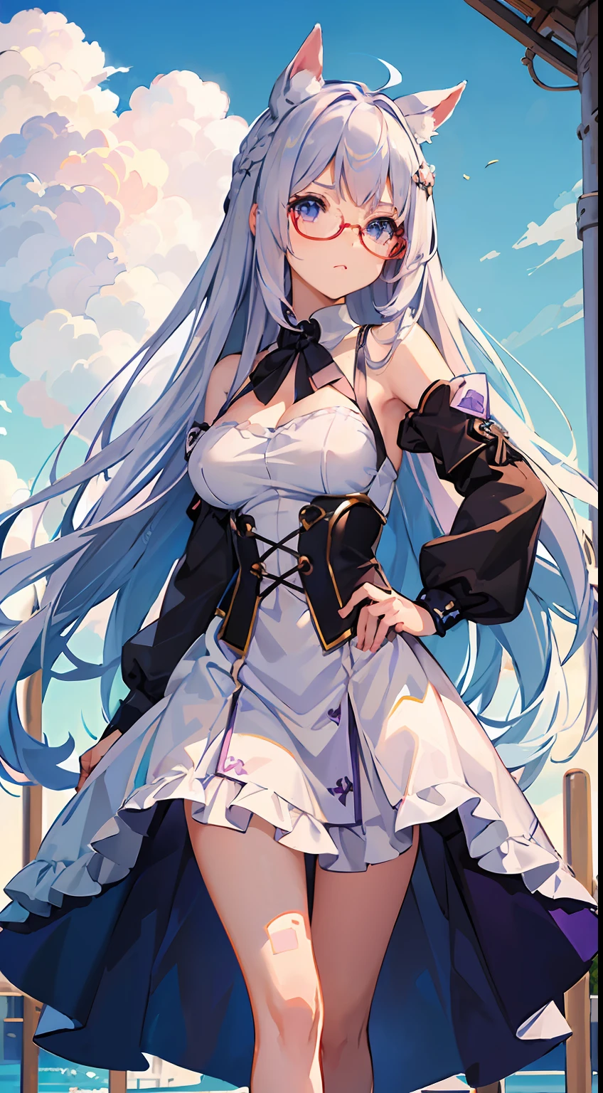 ((Best Quality)), (Ultra-detailed), ((Extremely detailed)), (Beautiful), ((Kawaii Girl))、Hair is white、Longhaire、Quirk hair、Blue eyes、Girl with horse ears and tail、tall、Breasts are big、Purple and white running wear、Lavender colored black running shoes、Red under-rim glasses、One Girl Standing On A Truck、animesque、Uma Musume