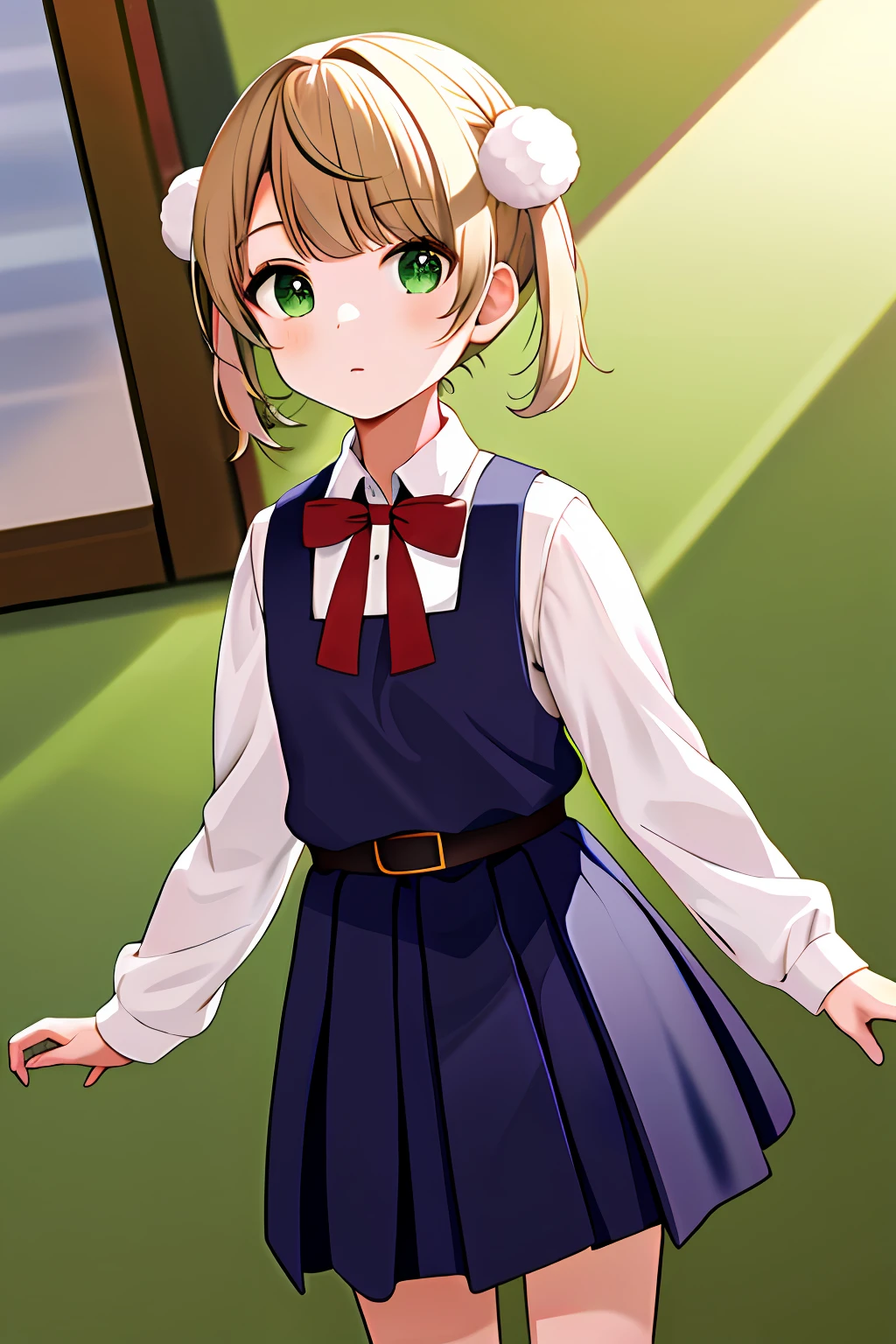 masterpiece, best quality, highres, ui3, 1girl, solo, green eyes, pom pom \(clothes\), pinafore dress, white shirt, white socks, long sleeves, aged down, short hair, belt, red bowtie, bangs, school uniform, blue dress, collared shirt, cowboy shot,