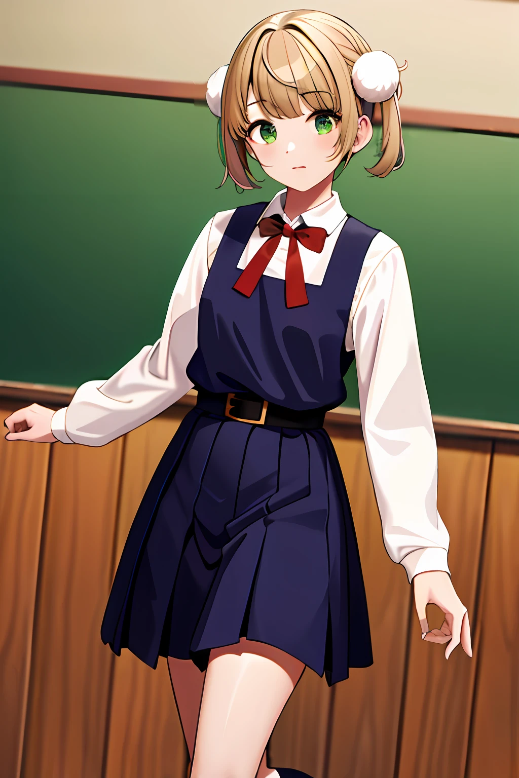 masterpiece, best quality, highres, ui3, 1girl, solo, green eyes, pom pom \(clothes\), pinafore dress, white shirt, white socks, long sleeves, aged down, short hair, belt, red bowtie, bangs, school uniform, blue dress, collared shirt, cowboy shot,