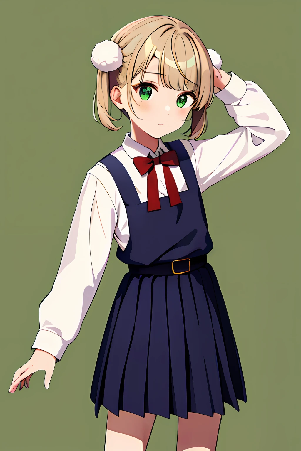 masterpiece, best quality, highres, ui3, 1girl, solo, green eyes, pom pom \(clothes\), pinafore dress, white shirt, white socks, long sleeves, aged down, short hair, belt, red bowtie, bangs, school uniform, blue dress, collared shirt, cowboy shot,