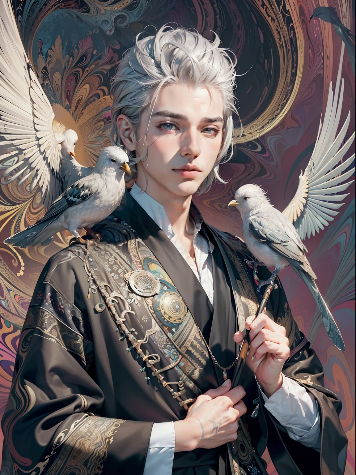 realistic, (masterpiece, top quality, best quality, official art, beautiful and aesthetic:1.2), extremely detailed,fractal art,colorful,highest detailed,zentangle,(abstract background:1.5) (1boy:1.3), (birds),silver hair, bright eyes,hair slicked back, short hair, black robe,