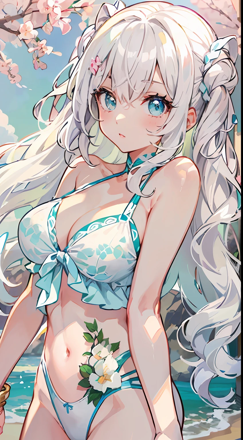 ((Best Quality)), (Ultra-detailed), ((Extremely detailed)), (Beautiful), ((Kawaii Girl)),(two side up hair).,Platinum Blonde Hair,Long hair, hair between eye, Wavy Hair, Long sideburns,Jade-colored eyes, White skin,Normal Chest,Slender body,Cross Halter Bikini,Sandals,in beach,Standing.Look Camera