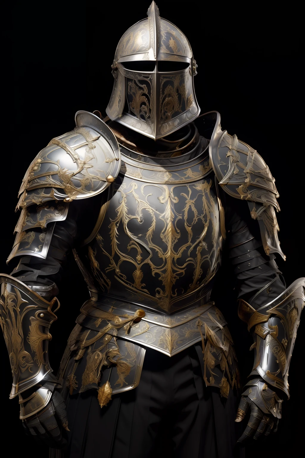 masterpiece, best quality,medieval armor, armor, helmet, solo, full armor, breastplate, upper body, helm, black background, 1other, shoulder armor, simple background, knight, ambiguous gender, 1boy, pauldrons, male focus, gauntlets
