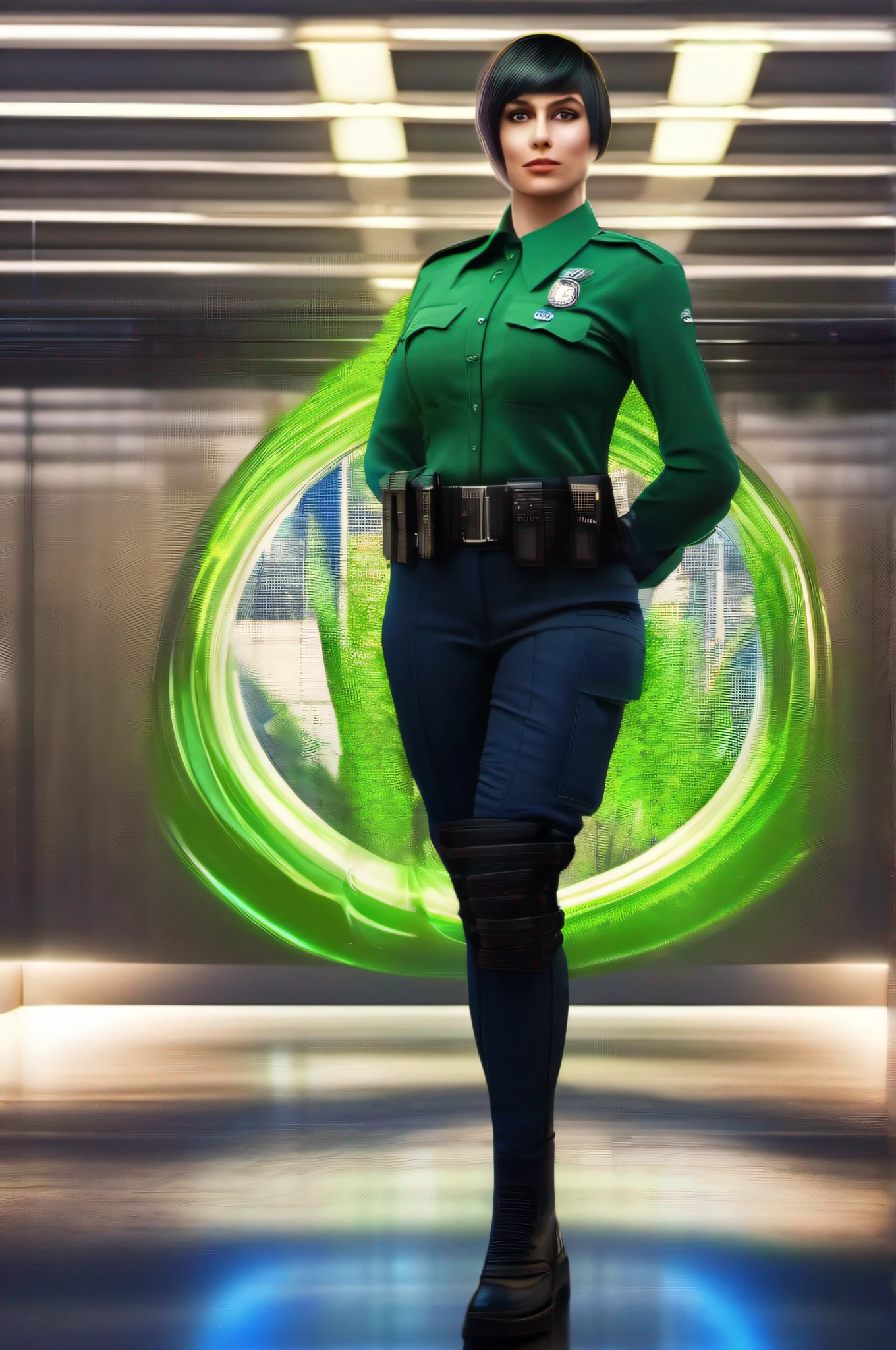 Beautiful female policeman , green short hair, blue eyes,Conceptual art, best photo shot, glowing light, realistic, UHD, textured skin, masterpiece, anatomically correct, best quality, 8k, full body,