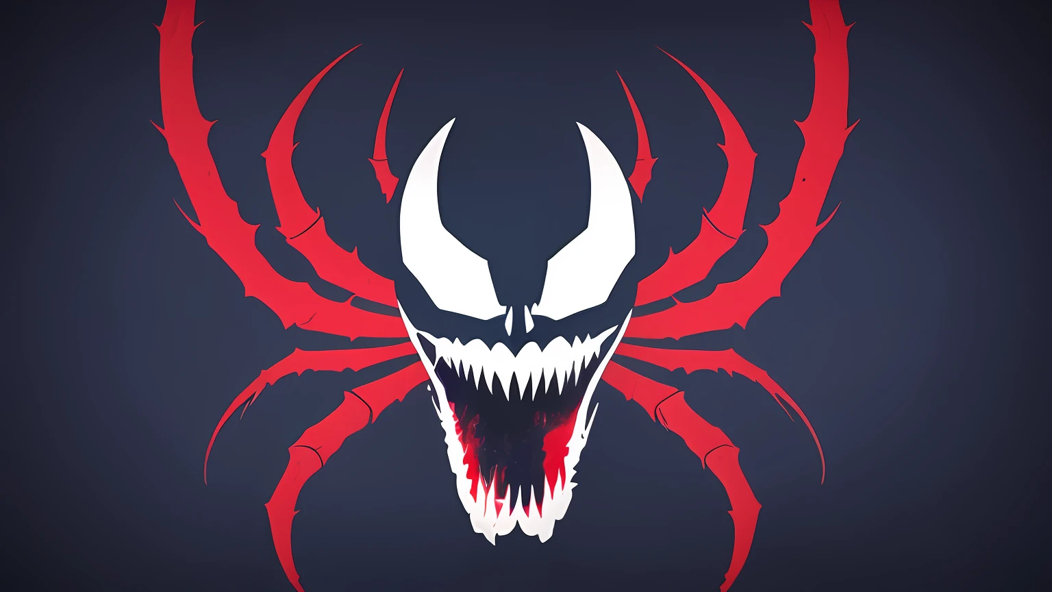 Red and white spider on dark blue background - close-up of man logo, Venom fangs, Venom, carnage fangs, venomize, venom symbiote, symbiote, Venom square, venom costume, massacre, Evil villain smile,