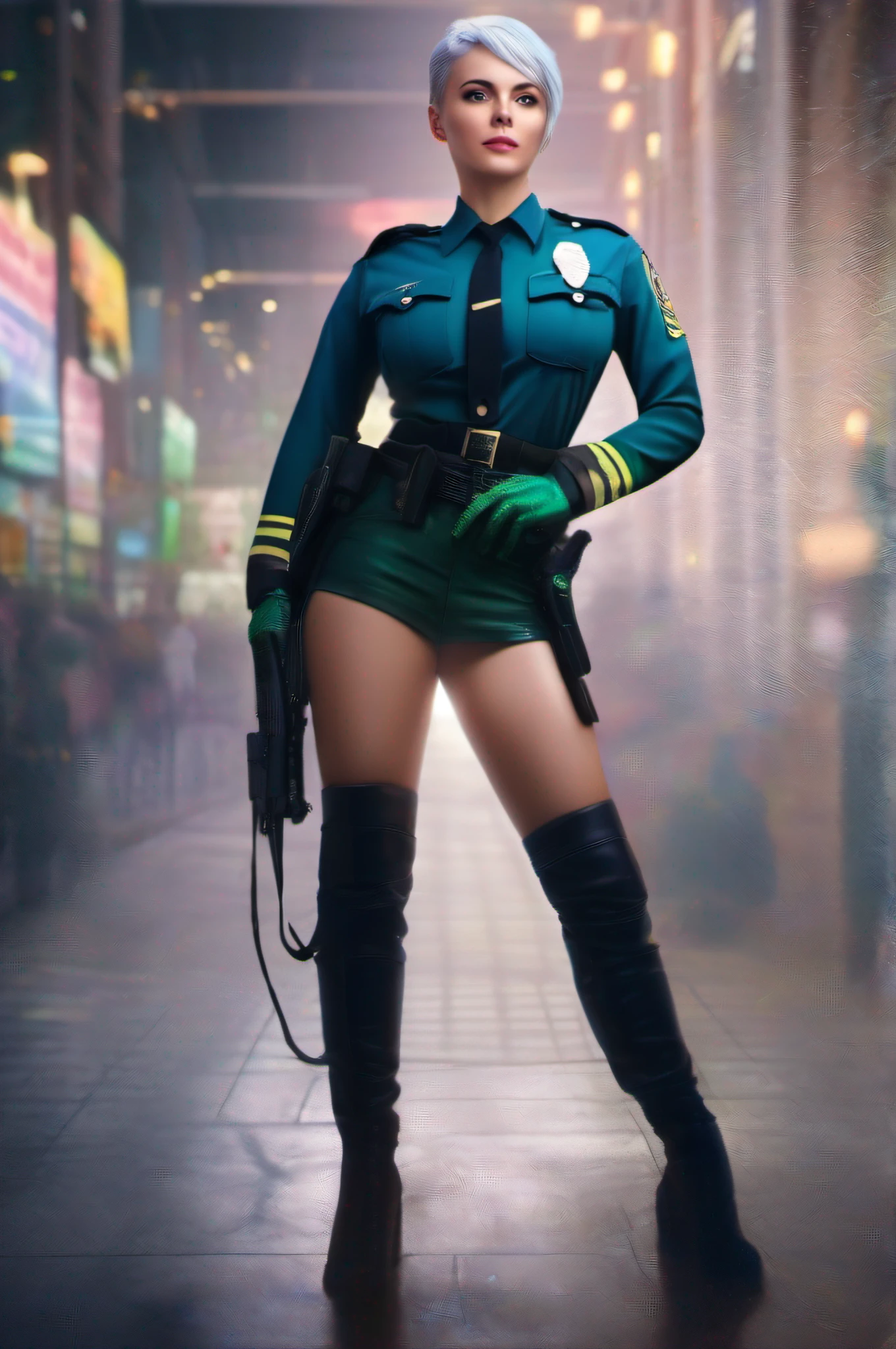 Beautiful female policeman catch a pervert , green short hair, blue eyes,Conceptual art, best photo shot, glowing light, realistic, UHD, textured skin, masterpiece, anatomically correct, best quality, 8k, full body,