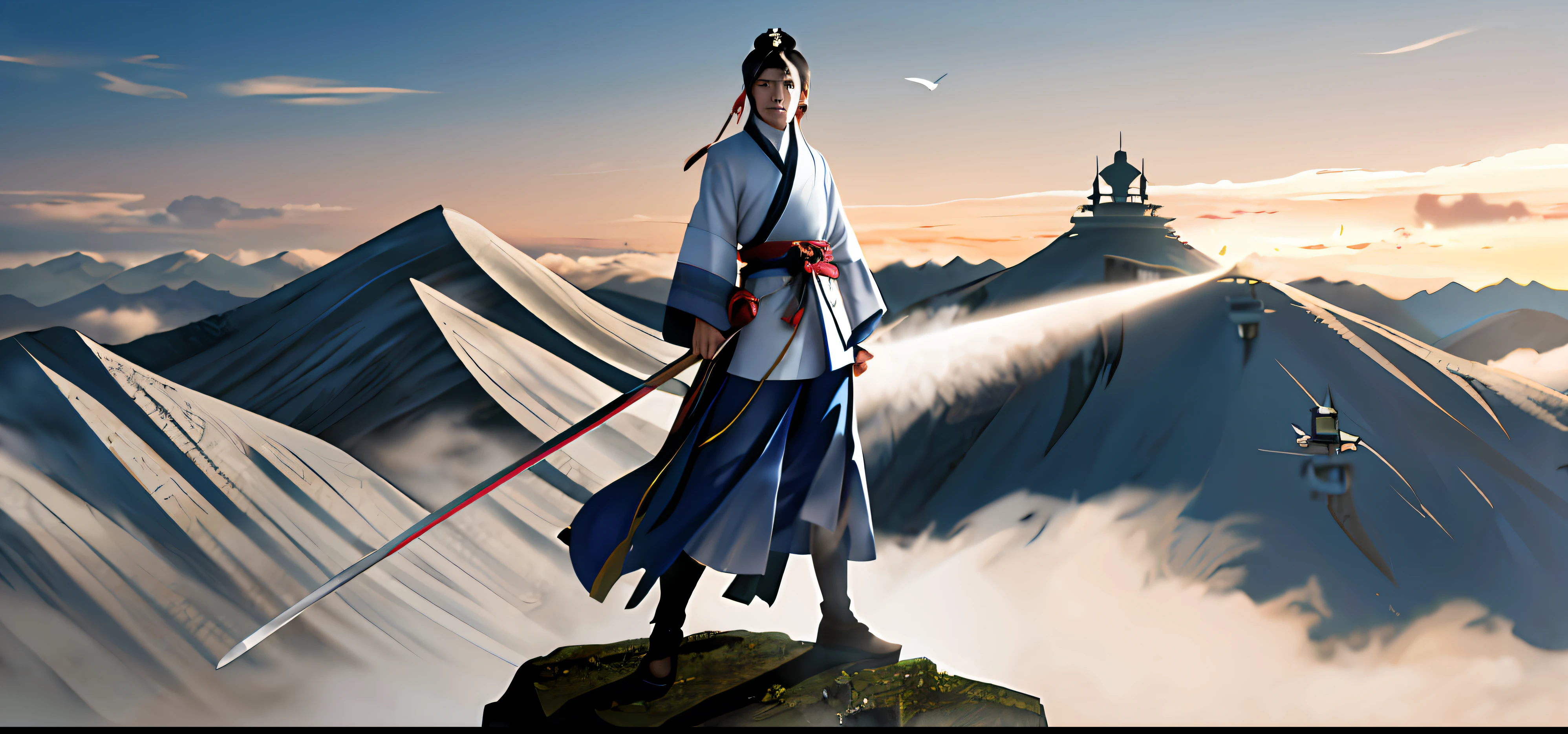 There was a man standing on a hill with a sword, full-body wuxia, Inspired by Huang Shen, inspired by Ma Shi, inspired by Shen Quan, cloud mage robes, inspired by Du Jin, Inspired by Shen Zhou, Inspired by Cao Zhibai, cotton cloud mage robes, Inspired by Hu Zaobin, Standing in the clouds