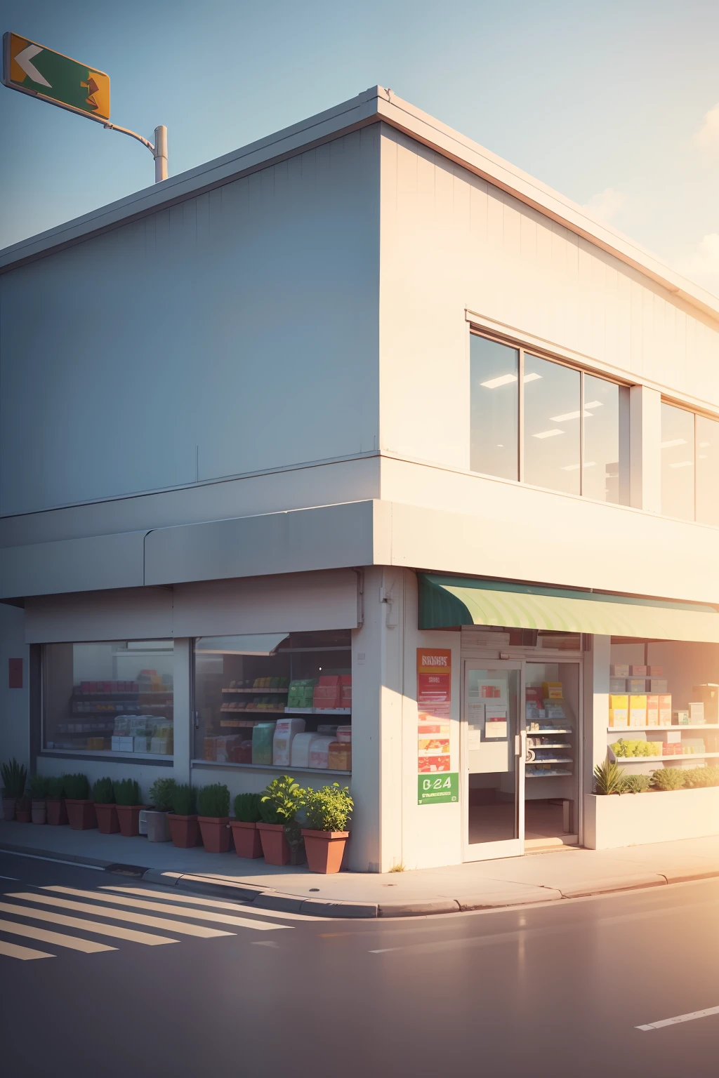 A big sign of a convenience store across the road,Illustration style,a plant,The background is clean and tidy,dawn,white backgrounid,front-facing view