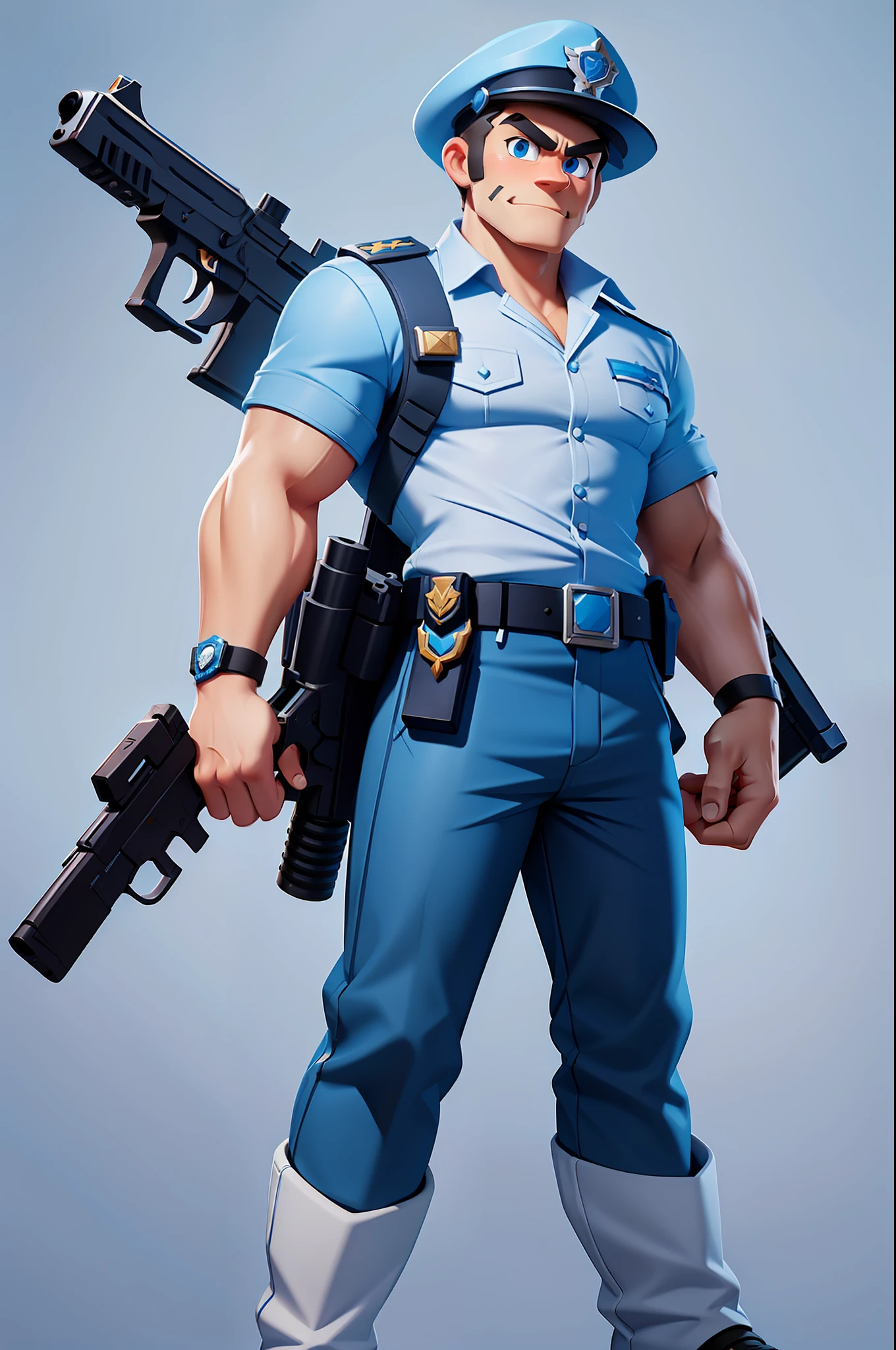 A cartoon character of a man in a blue hat and a gun in a white uniform, White top,blue pants,Black boots,concept art inspired by Max Magnus Norman, trending on polycount, Digital art, Character Design Police Man, Character Design Police Man!!, police officers, officer, Mobile game art, police officers, security agent, high detail iconic character, Stylized game art, official character art, clash royal style characters