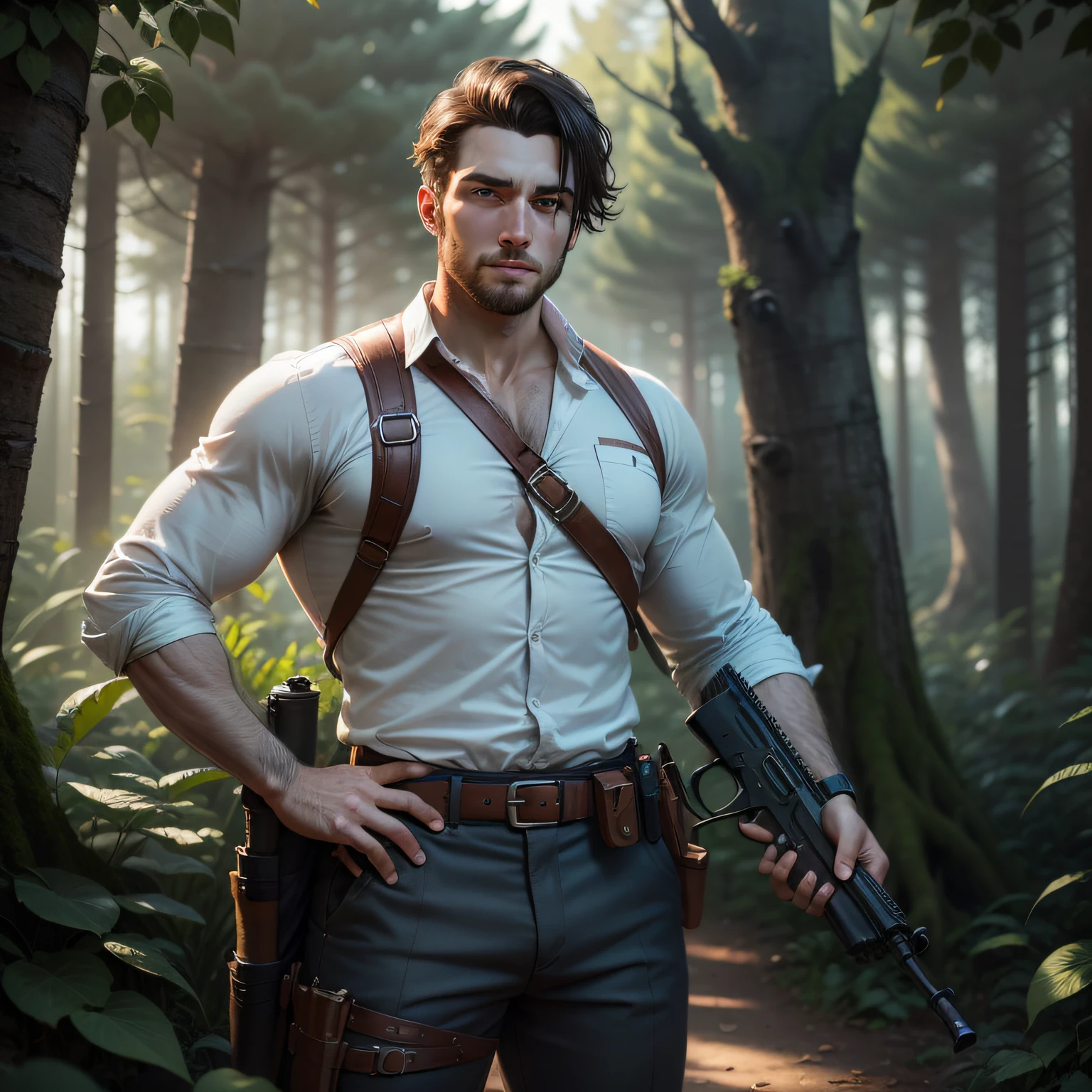 The animations are rich in detail，This is a high-quality 8K masterpiece，30-year-old man，Handsome and handsome，fantasy，The instructor was armed with a gun，Forest elemental magic