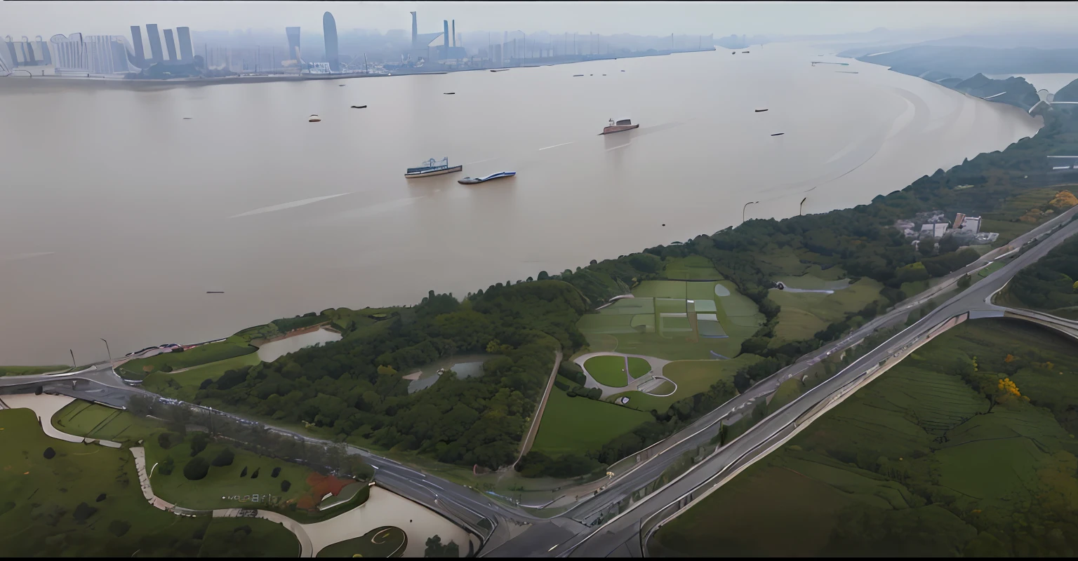 In the background is an Alafid view of a highway and the Yangtze River, shot from 5 0 feet distance, Hangzhou, wide wide shot, wide - shot, View from above, ; Wide shot, shanghai, wide aerial shot, wide wide shot, aerial shot, the photo shows a large, Wide view, inspired by Zhou Jichang, wide establishing shot,The golden feeling of autumn