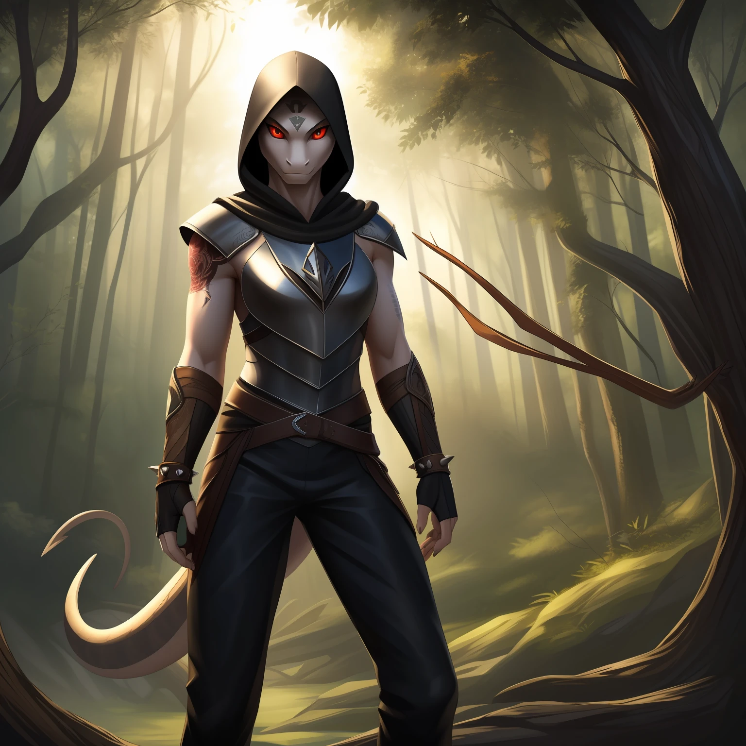 (high res, best quality, masterpiece), soft lighting, vivid colors, HD 4K, adult woman, (solo), ((anthro reptilian woman)), (lizard arms, scaled legs), has a lizard tail, spiked tail, short blond hair, red eyes, (highly detailed eyes), adventurous, in the forest, on a tree branch, tattoos on arms, pale skin, pale complexion, greyish skin, full body, slim body, fitted armor, wearing a breastplate, has on a hood, long pants, pants: Black, leather jacker, fingerless gloves, bow and arrow, hiding in the shadows