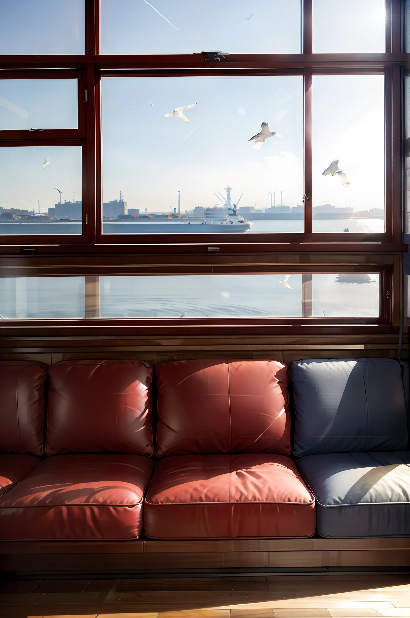 Train interior window with red seats，Huge windows let in through outside sunlight，Sunny weather in Finland，Snow view，A view of the port of Helsinki，Numerous vessels，Seagulls soaring in the sky，Light and shadow flowing in the carriage。
