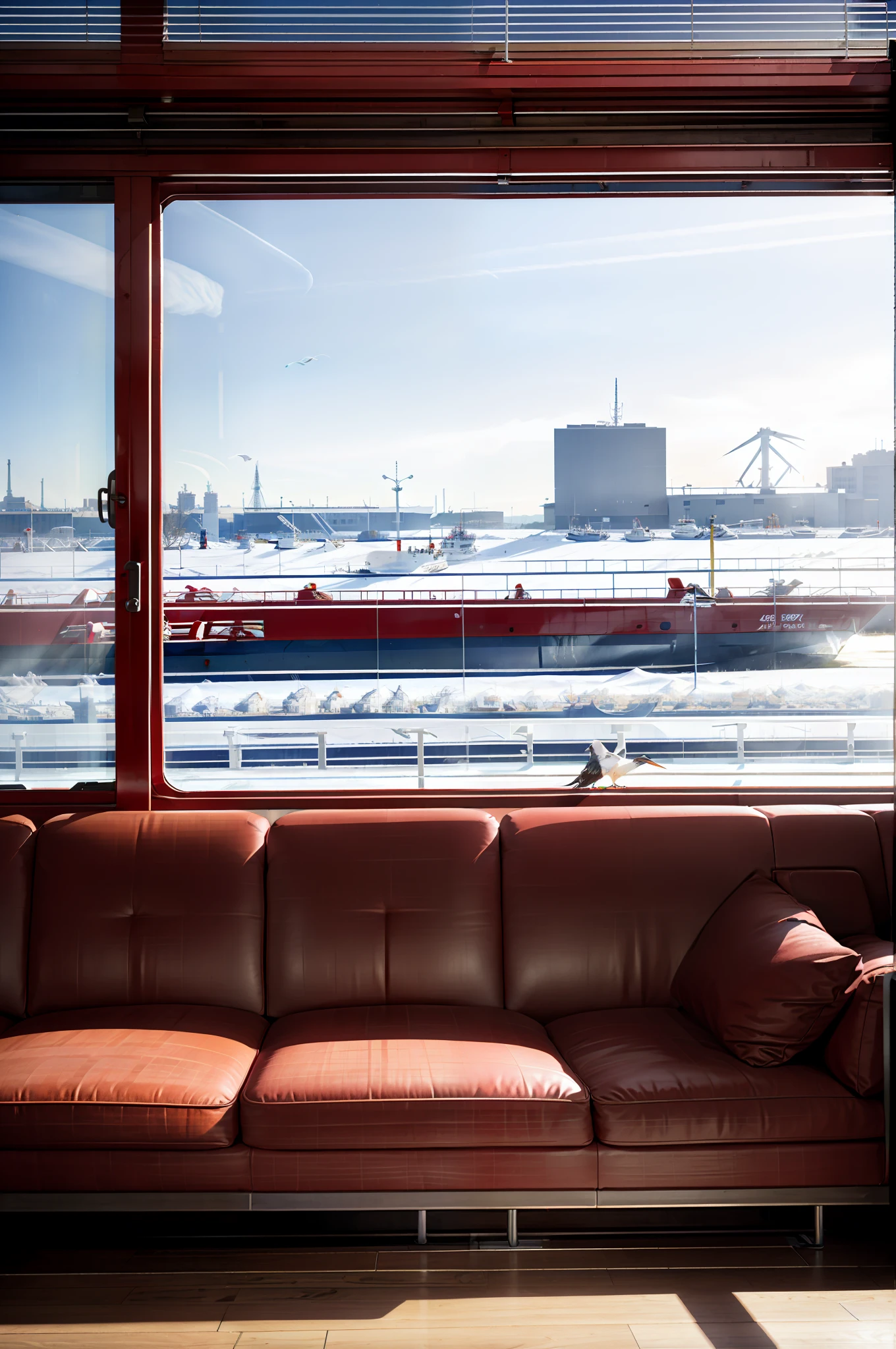 Train interior window with red seats,Huge windows let in through outside sunlight,Sunny weather in Finland,Snow view,A view of the port of Helsinki,Numerous vessels,Seagulls soaring in the sky,Light and shadow flowing in the carriage。