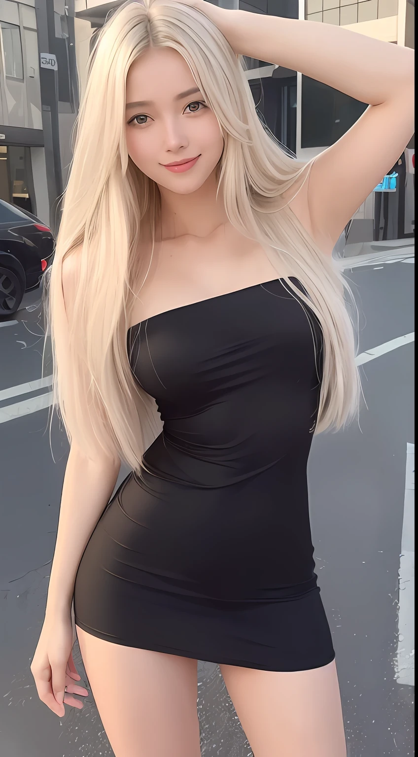 ((Best Quality, 8K, Masterpiece: 1.3)), Focus: 1.2, Perfect Body Beauty: 1.4, Buttocks: 1.2, ((Layered Haircut,)), (Wet Clothes: 1.1) , (Street:1.3), Bandeau Dress, (With Legs: 1.1), Highly Detailed Face and Skin Texture, Fine Eyes, Double Eyelids, Whitened Skin, Long Hair, (Shut Up: 1.3), Smile