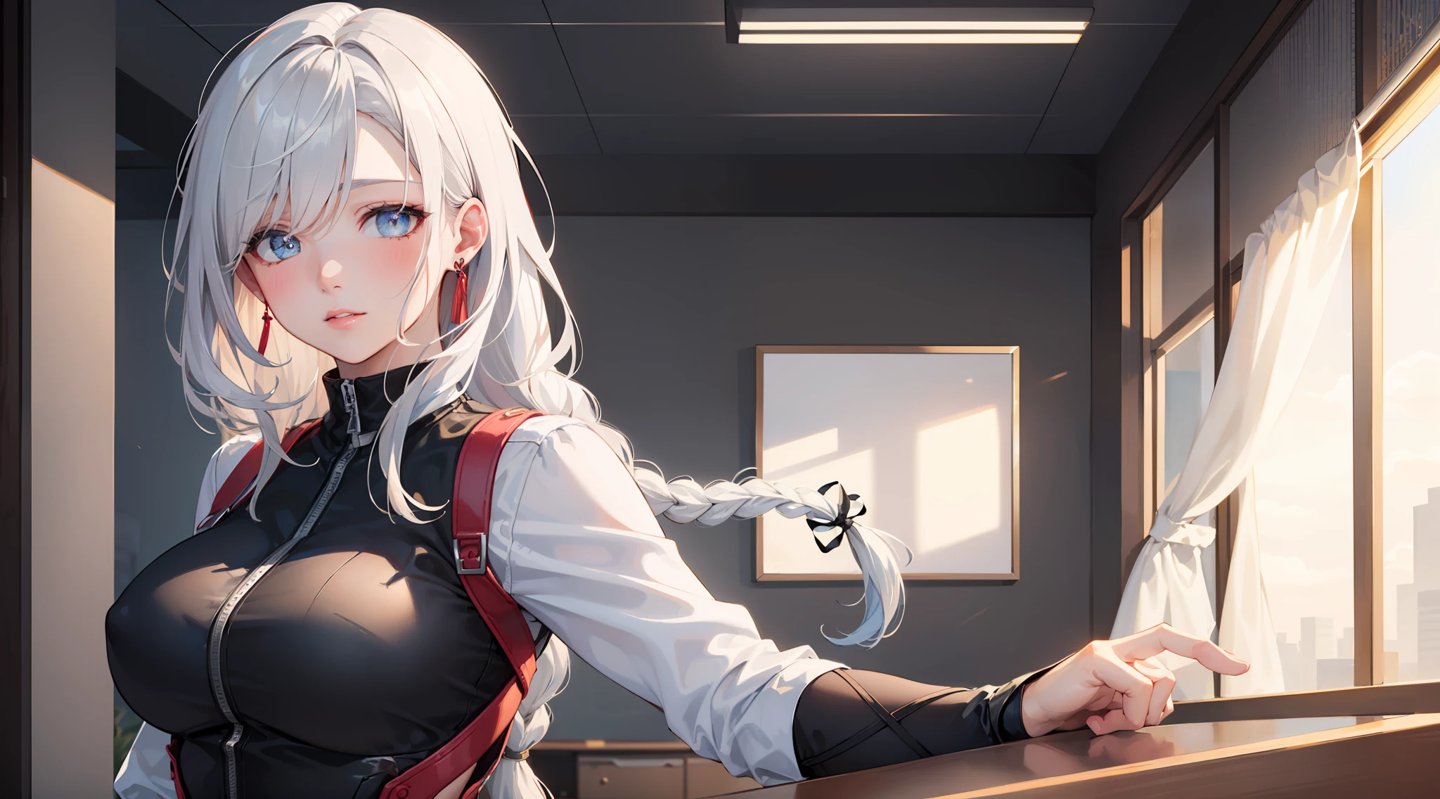 office girl, office clothes, upper body, seductive look, blush, indoors, in office, looking at viewer, cloudy, moody lighting, (perfect detail eyes:1.2), glowing eyes, (long hair one braid:1.2), elemental skill effect, (Masterpiece, Best Quality, High Quality:1.4), professional artwork, Intricate Details, field of view, sharp focus, detailed painting, photorealistic lighting, trending on pixiv, (vivid lighting, vibrant colors:1.05), realistic shadows, ambient occlusion, (athletic body:1.3), mature woman, 30yo,