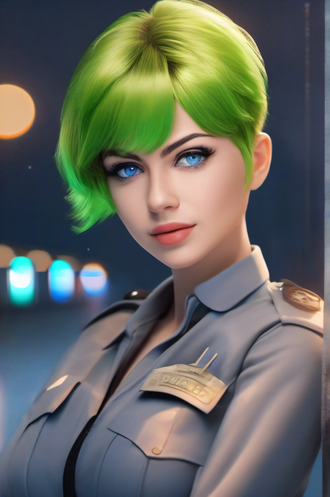 Beautiful female policemancatch a robber , green short hair, blue eyes,Conceptual art, best photo shot, glowing light, realistic, UHD, textured skin, masterpiece, anatomically correct, best quality, 8k, full body,
