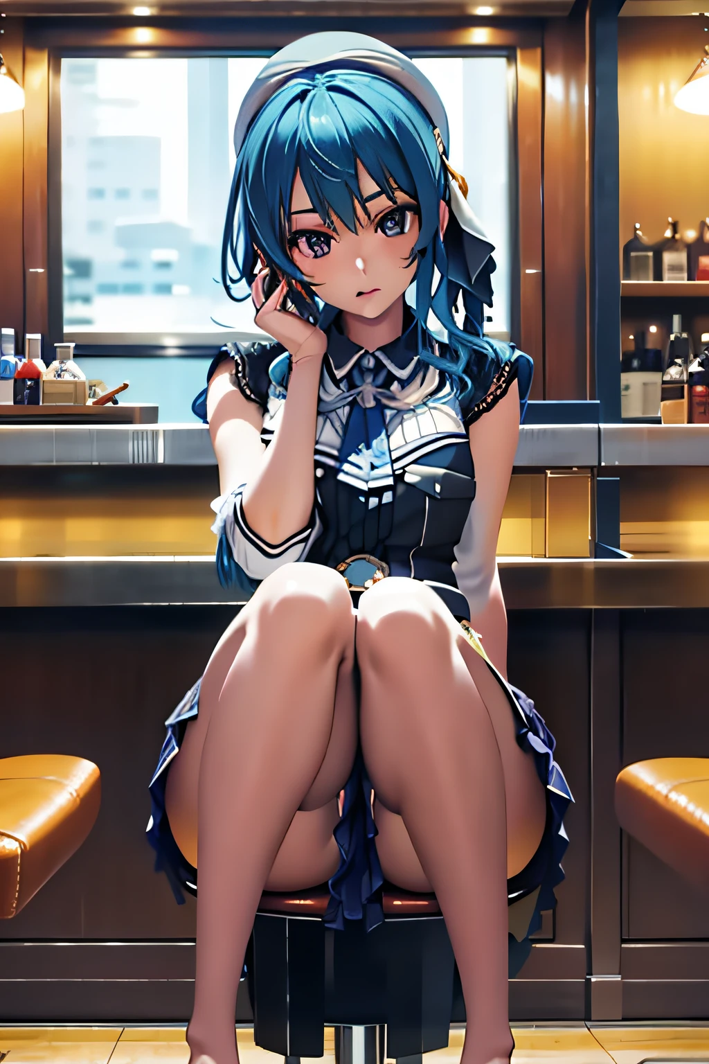 （tmasterpiece，k hd，hyper HD，4K）Light，japanaese girl，lifting up skirt，whitethighhighs，soft thighs，Glossy thighs，sitting at bar，Face-to-face perspective，（From the angle below），Sit on a bar chair，sitting in front，Bar background，Seating background，Feet dangling，Crotch zoom camera，full bodyesbian，Show your feet，No shoes，Head down and sleepy-eyed，looking at the viewer only， best qualtiy， hyper HD， （realisticlying：1.4），A high resolution， the detail， RAW photogr， Sharp Re， Nikon D850 Film Stock Photo by Jefferies Lee 4 Kodak Portra 400 Camera F1.6 shots, Rich colors, ultra-realistic vivid textures, Dramatic lighting, Unreal Engine Art Station Trend, cinestir 800，