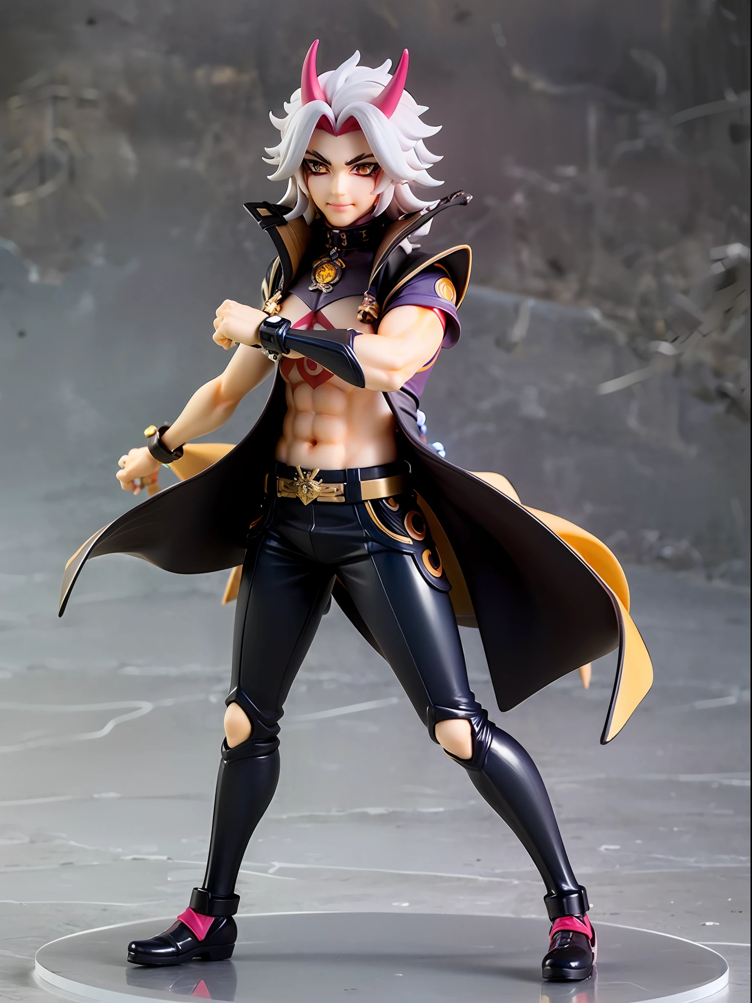 (Blind box toy style:1.3), (Full body shot) , 1 masterpiece, Best quality, ((anatomy correct,1 boy solo)),(arataki itto:1.2) (Genshin Impact), laugh,male focus, black nails, arataki itto, red horns, solo, long white hair, Clean, Clean dark background (circular base)( Global illumination, Ray traching, hdr, unreal render,reasonable design, high detal, Masterpiece, Best quality, hyper HD, Cinematic lighting)