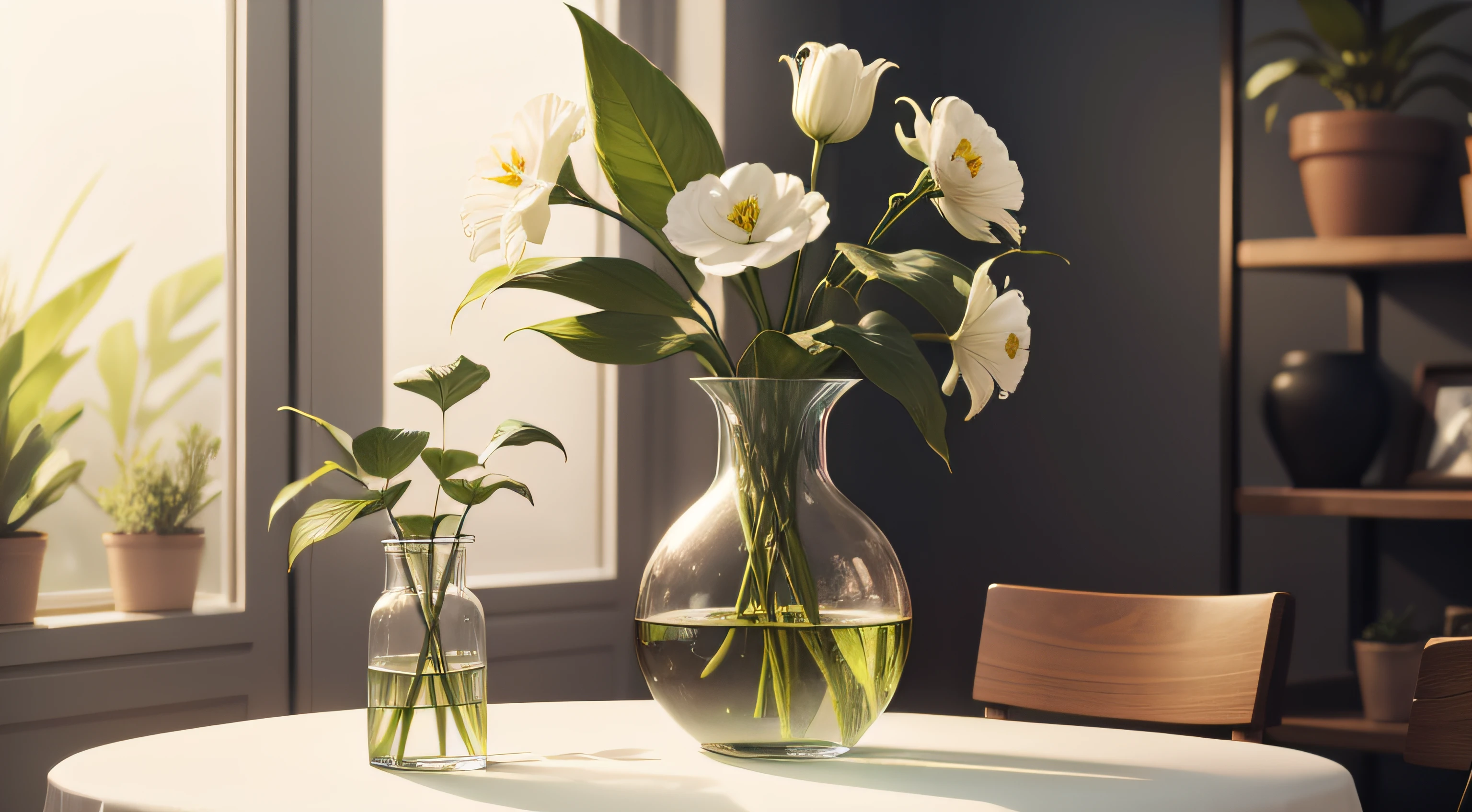There is a vase on the table,There is a plant inside, Plants in a glass vase,There are 2 white flowers on the tabletop
