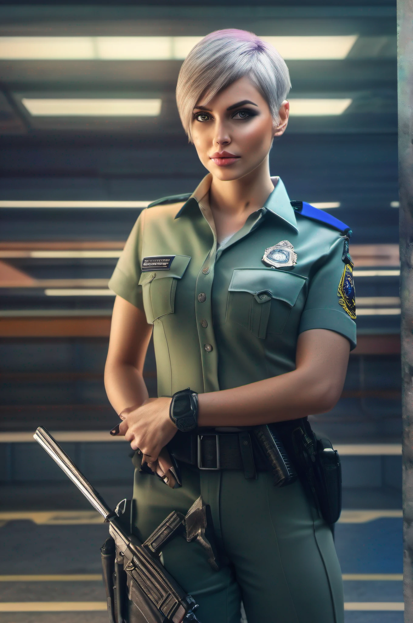 Beautiful female policemancatch a robber , green short hair, blue eyes,Conceptual art, best photo shot, glowing light, realistic, UHD, textured skin, masterpiece, anatomically correct, best quality, 8k, full body,
